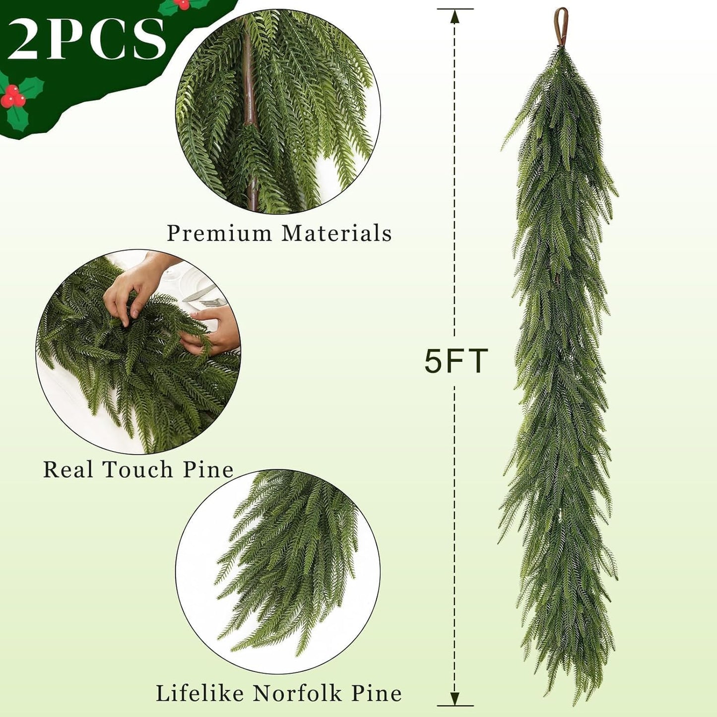 5FT Christmas Norfolk Pine Garland -2PCS, Artificial Pine Needles Garlands Faux Greenery Fake Garland for Holiday Fireplace,Table,Window,Stairs,Mante,Indoor Outdoor Decor