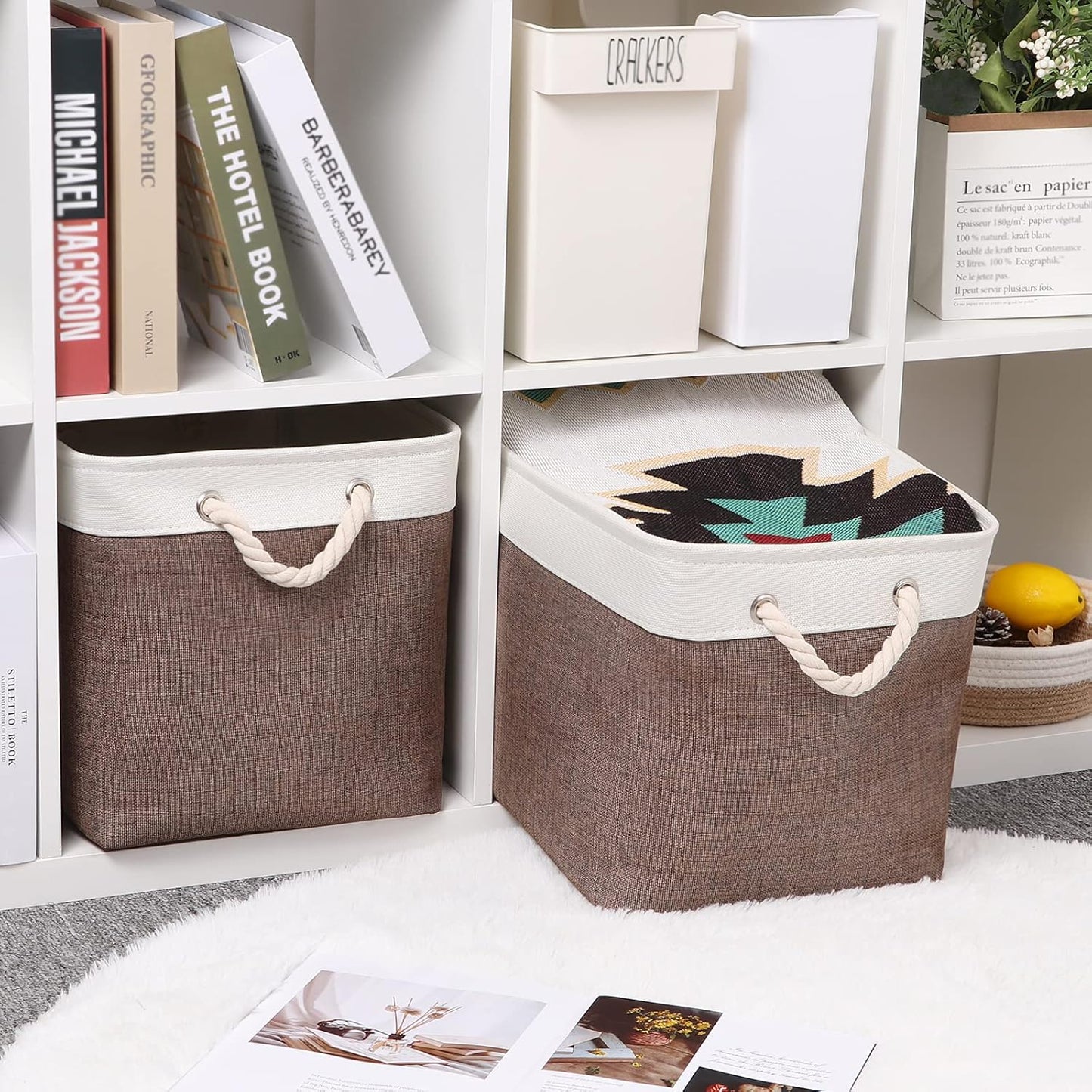 Bidtakay Large Storage Baskets with Handles for Organizing 16" x 11.8" x 11.8" Rustic Shelf Baskets [2-Pack] Foldable Clothes Baskets Fabric Collapsible Bins for Closet (White&Earthy Brown)