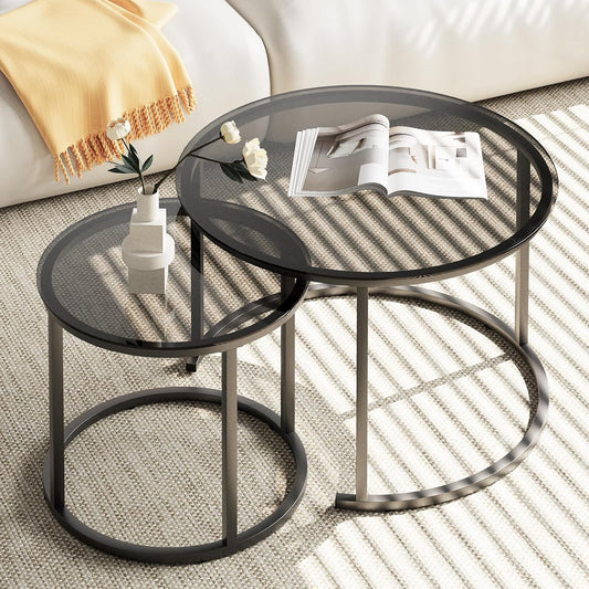 aboxoo Nesting Coffee Table Grey Glass Table Set of 2, Small Round Glass Nesting Tables for Living Room Bedroom, Accent Tea Table with Metal Frame Modern Industrial Simple