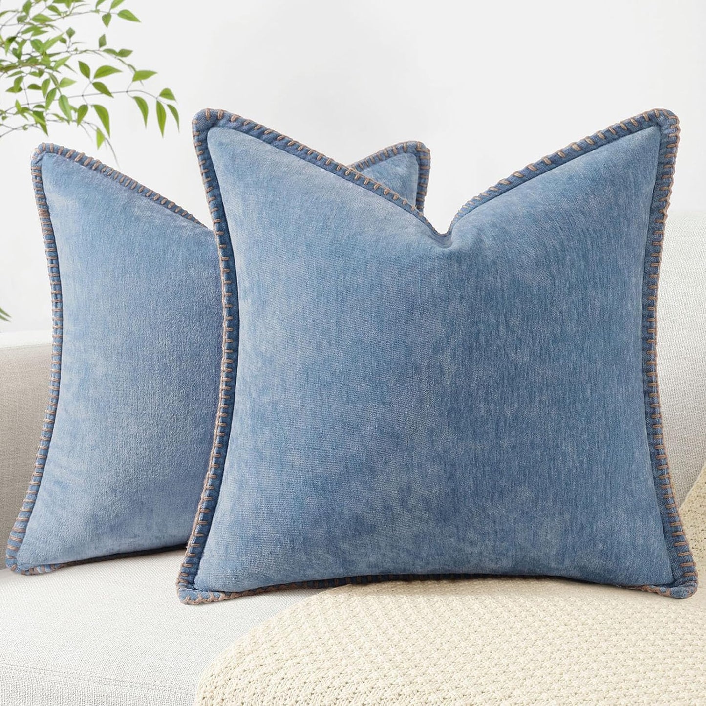 decorUhome Chenille Soft Throw Pillow Covers 20x20 Set of 2, Farmhouse Velvet Neutral Decorative Euro Pillow Covers with Stitched Edge for Couch Sofa Bed Home Decor, Blue