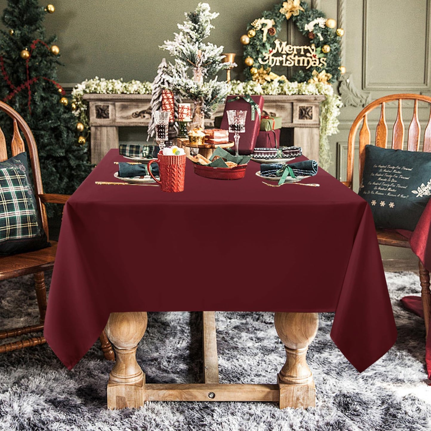 sancua Rectangle Tablecloth - 70 x 108 Inch - Stain and Wrinkle Resistant Washable Polyester Table Cloth, Decorative Fabric Table Cover for Dining Tables, Buffet Parties and Camping, Burgundy
