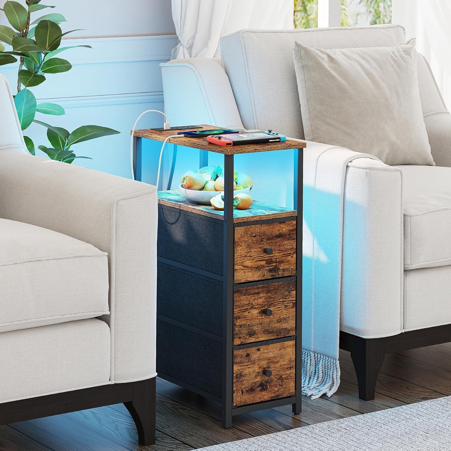 TUTOTAK Narrow LED Night Stand with Charging Station, Slim End Table with Plugins, Tall Side Table with 3 Fabric Drawer, Small Bedside Table with Storage, Set of 2, for Living Room, Brown TB01BB073L