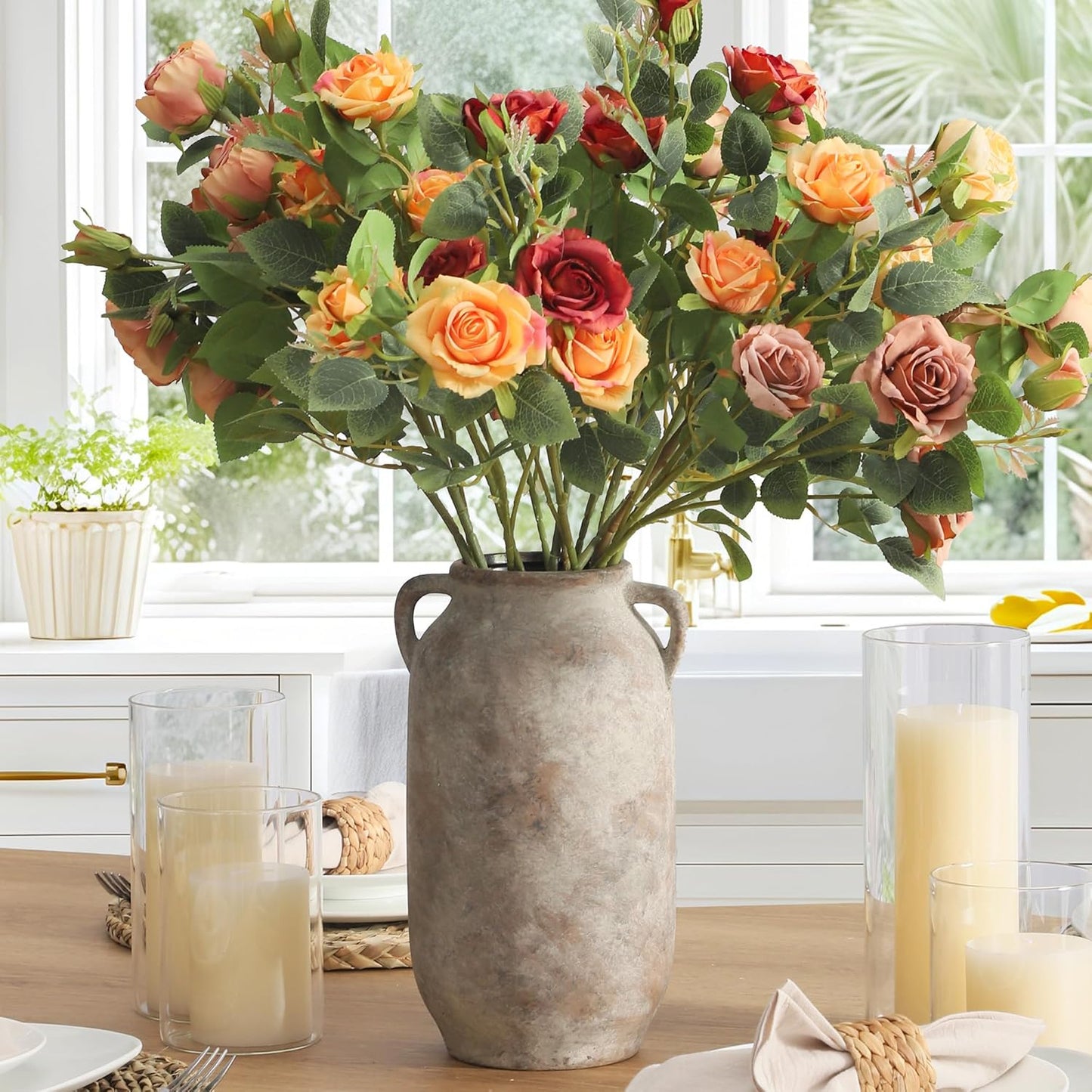 Large Flower Vase Home Decor - 12 inch Tall Ceramic Farmhouse Rustic Table Vases with Handle Living Room Decoration Decorative Modern Vintage for Floor Kitchen Shelf Coffee Dining Desk Fireplace