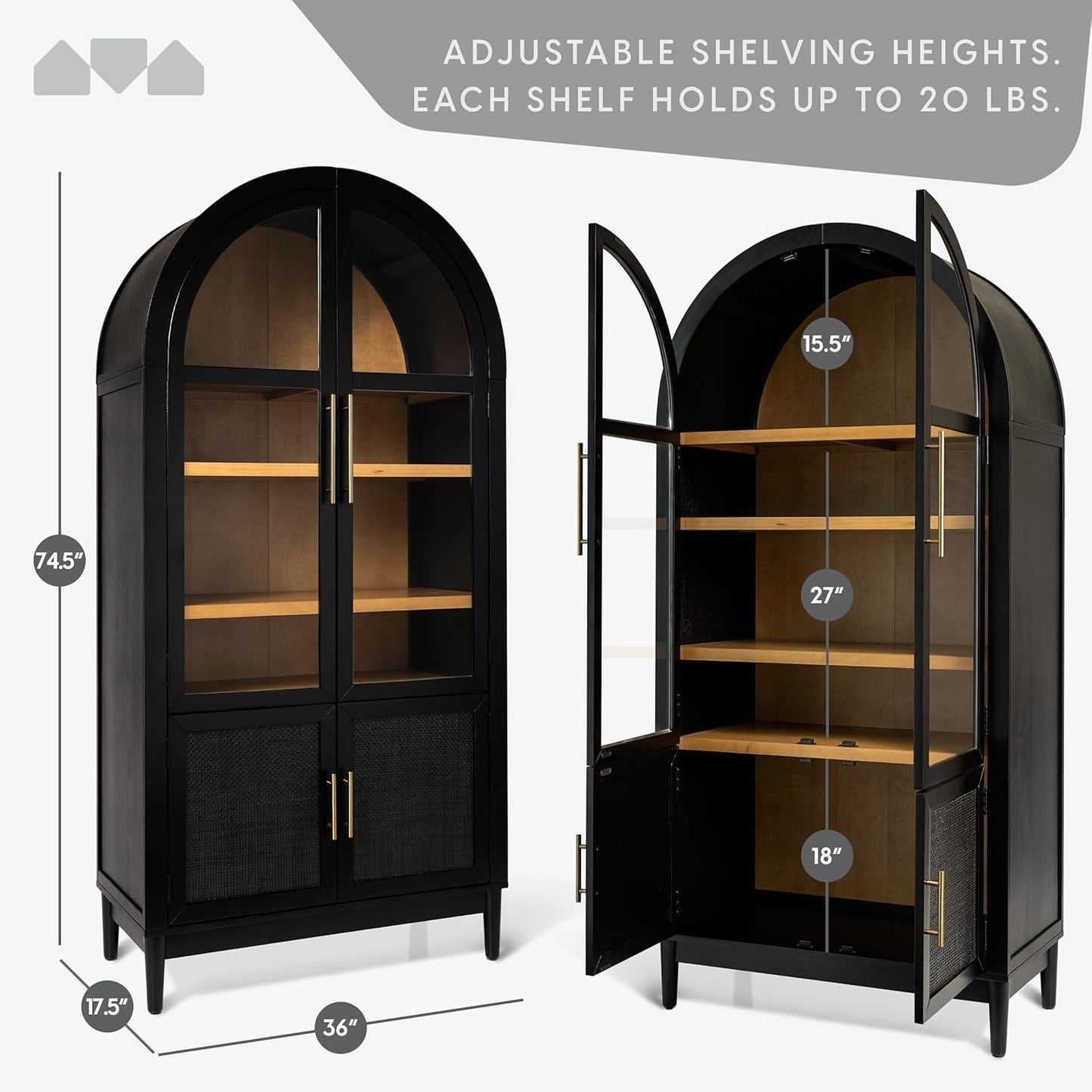 Milliard 74" Tall Arched Kitchen Pantry, Modern Storage Arched Cabinet with Adjustable Shelves and Glass Doors, Living Kitchen Dining Room Cupboard, China Hutch, Bookshelf