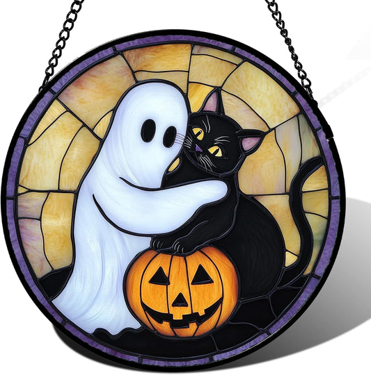 Stained Glass Window Hanging - Halloween Decorations Cute White Ghost Black Cat Suncatcher for Doors Garden Spooky Sun Catchers Gothic Decor Horror Gifts for Women Men Friend Boy 11.8 in
