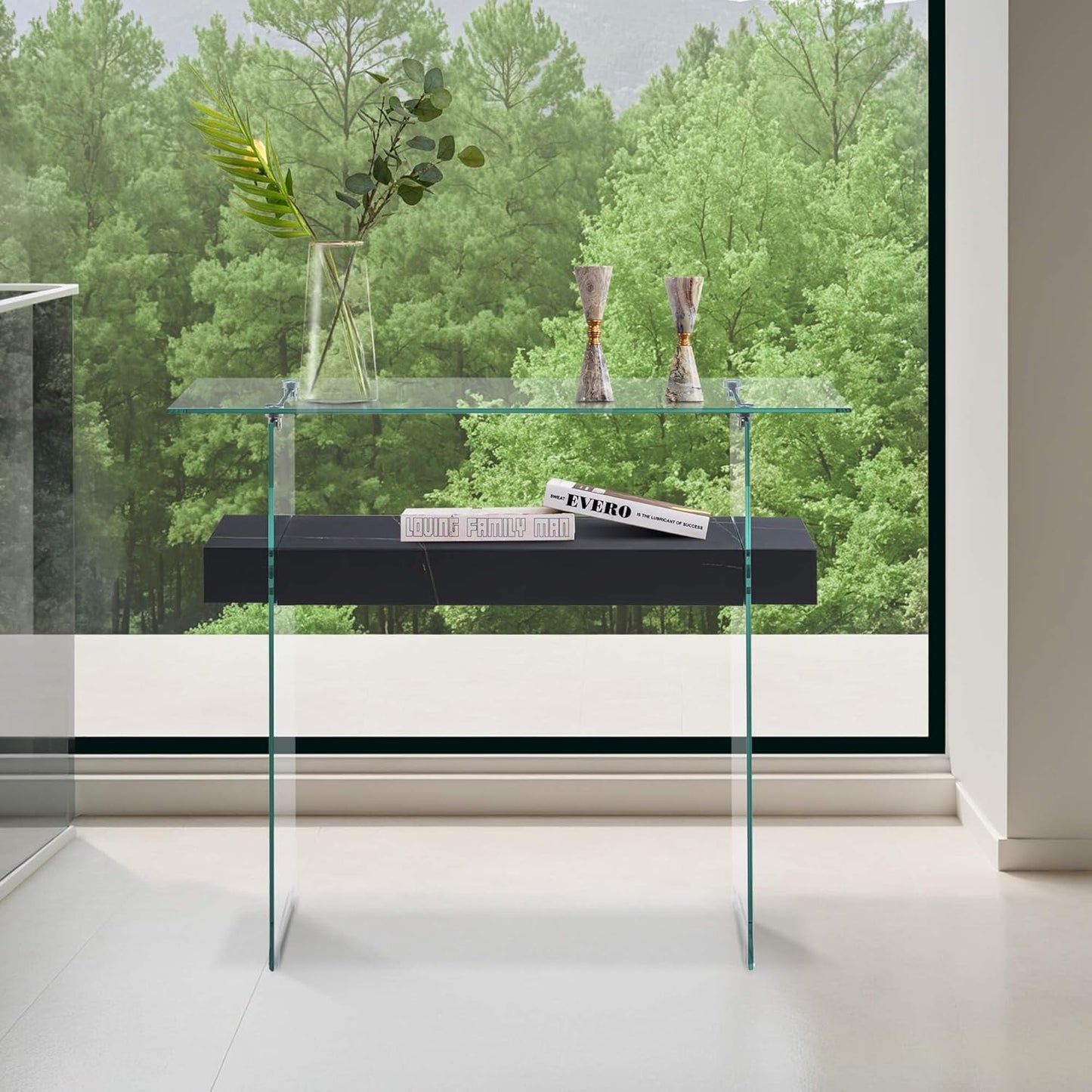 ivinta Glass Console Table with Storage, 39.4" Modern Sofa Table for Living Room, Foyer, Hallway, Bedroom 5101 (Black)