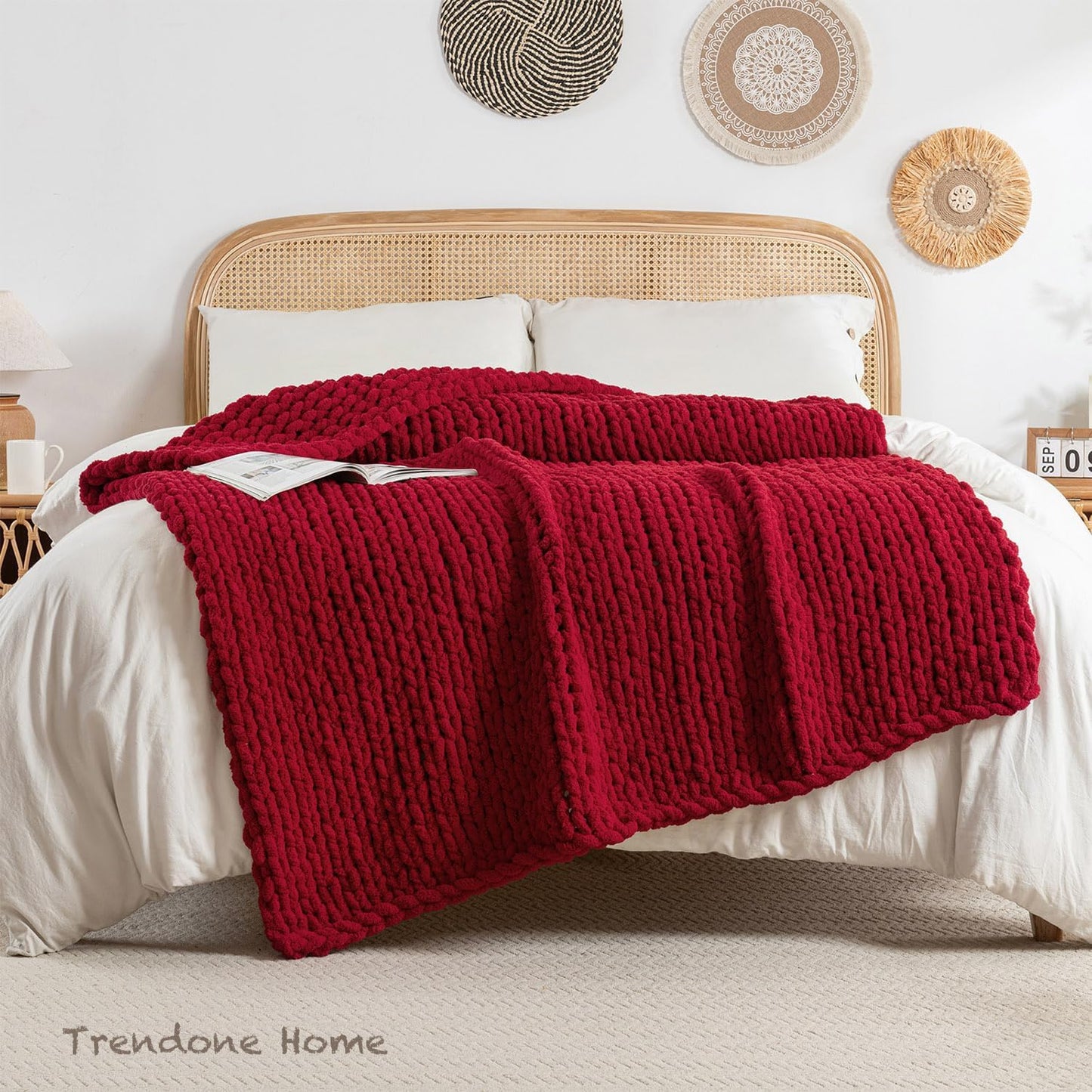 Chunky Knit Blanket Throw, 100% Hand Knit Throw Blanket Handmade Chenille Cable Knit Throw for Couch, Stylish Cozy Soft Rope Knot Crochet Blanket for Home Decor, Red, 50x60 Inches