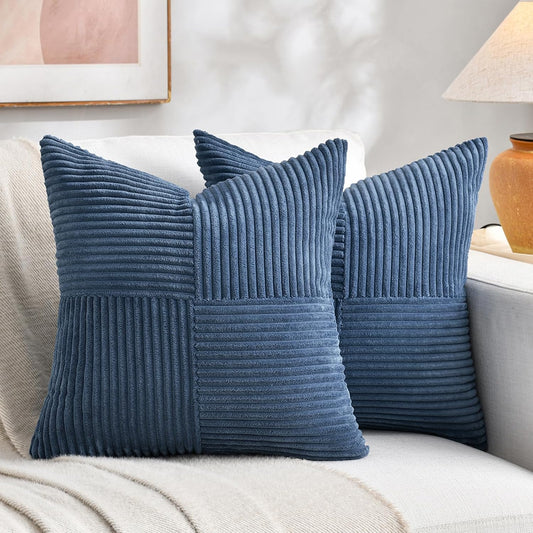 Fancy Homi 2 Packs Dusty Blue Euro Decorative Throw Pillow Covers 28x28 Inch for Couch Bed, Rustic Farmhouse Boho Home Decor, Soft Corss Corduroy Patchwork Textured Square Cushion Case 71x71 cm