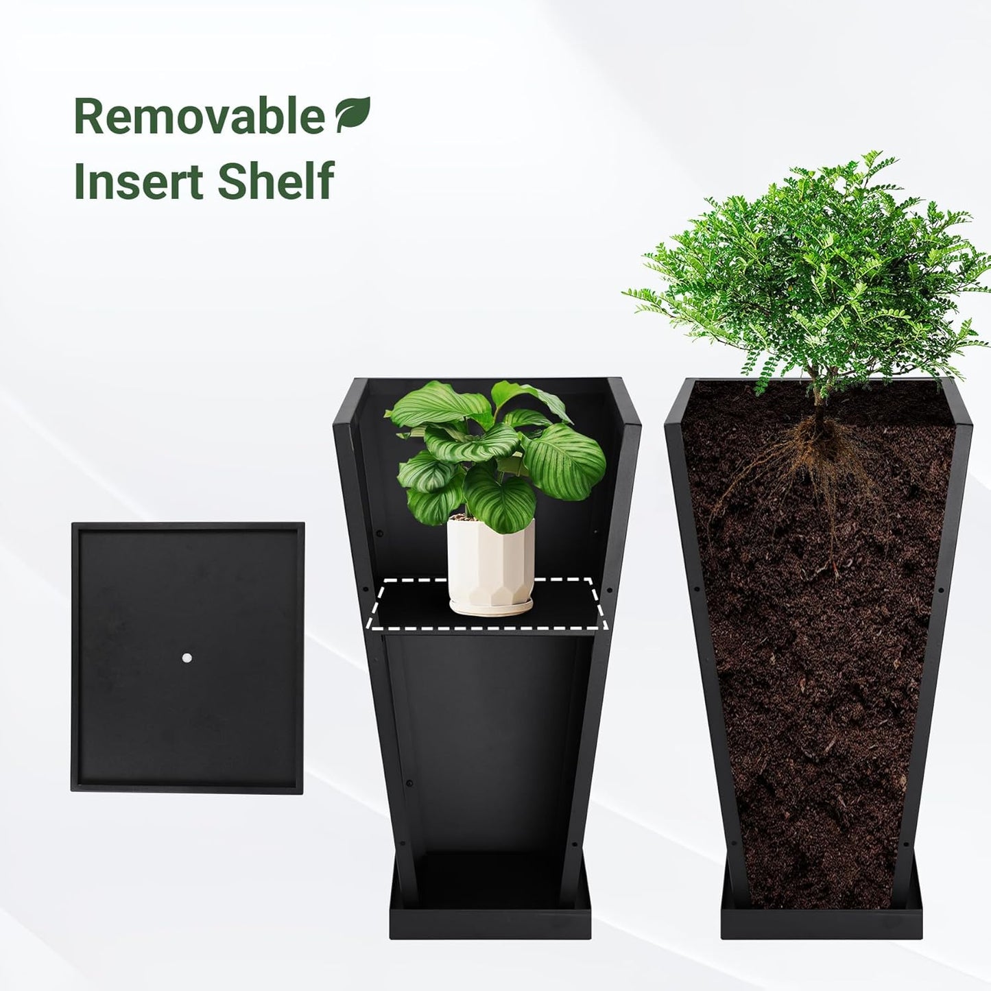 Tall Metal Planter 26" H - 2 Pack, Tall Planters with Removable Insert Shelve & Saucer Trays, Metal Outdoor Planters for Porch, Garden, Patio, Yard(Black)