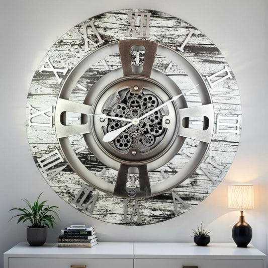 The Gears Clock Real Moving Gear Wall Clock England Line (Grey & White, 36 inches (90 cm))