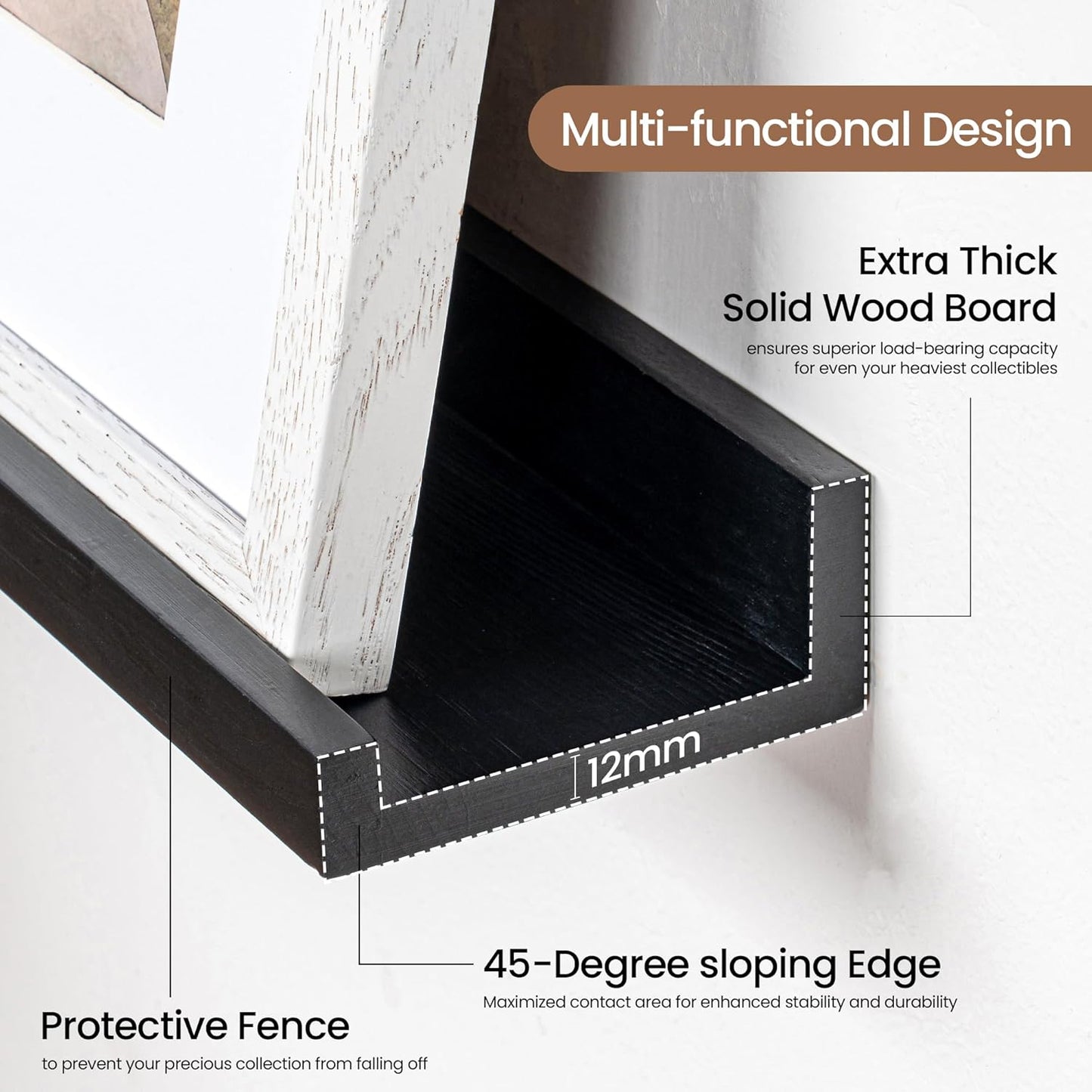 Picture Ledge Shelf, Solid Pine Wood Floating Shelves Set of 2, 32 Inches Nursery Book Shelves for Toys Storage, Kids Bookshelf Wall Mounted for Living Room Bedroom Decor Books Photo Frames, Black