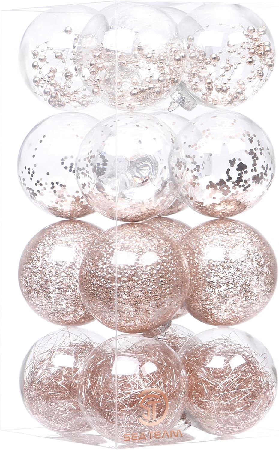 Sea Team Shatterproof Clear Plastic Christmas Ball Ornaments Decorative Xmas Balls Baubles Set with Stuffed Delicate Decorations (100mm/3.94 inch 16-Pack, Rose Gold)