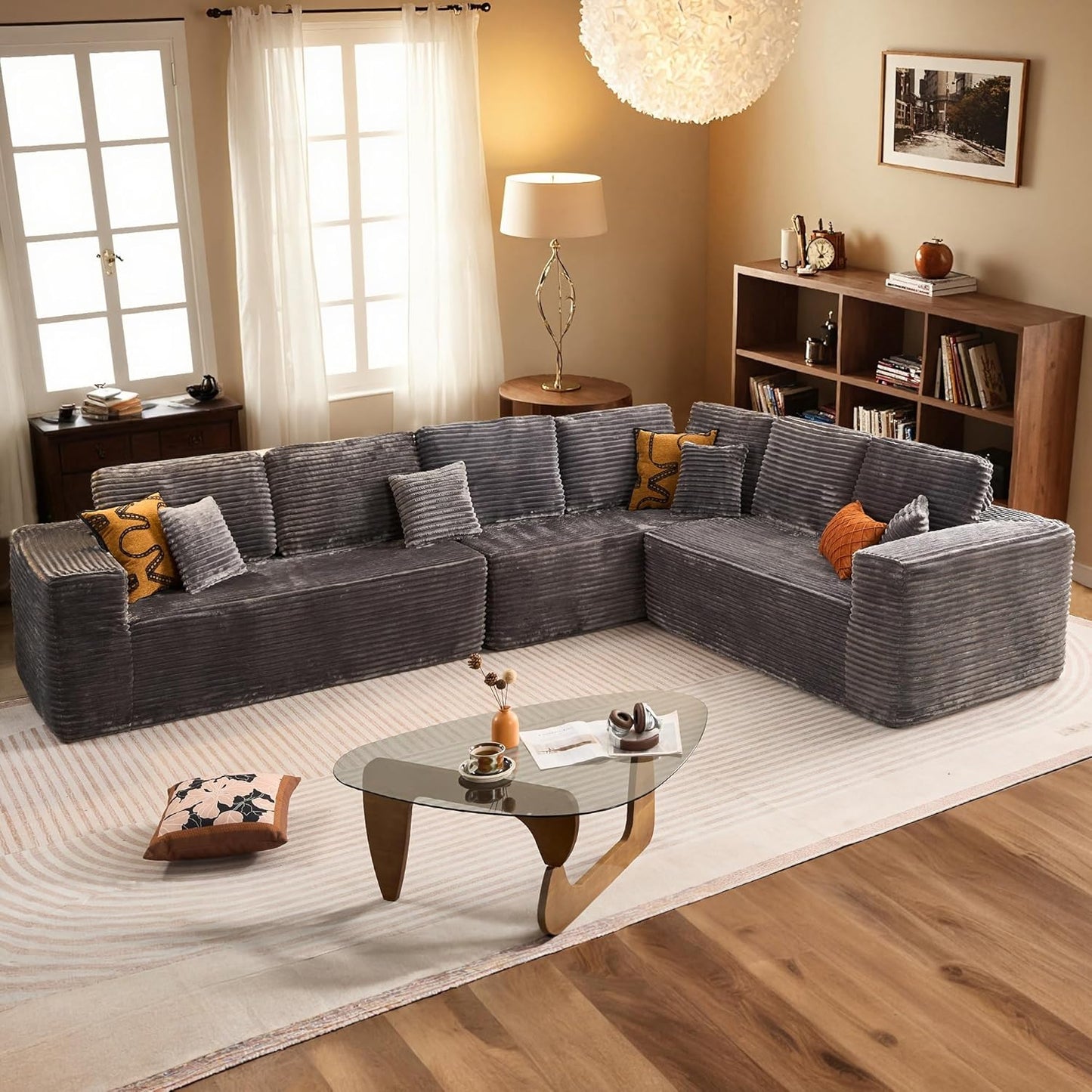 HOOOWOOO Cloud Sectional Couches for Living Room,Modular Sectional Sofa No Assembly,138X108 Inch Plush Corduroy Large L Shaped Floor Couch Set with Deep Seat(Gray)