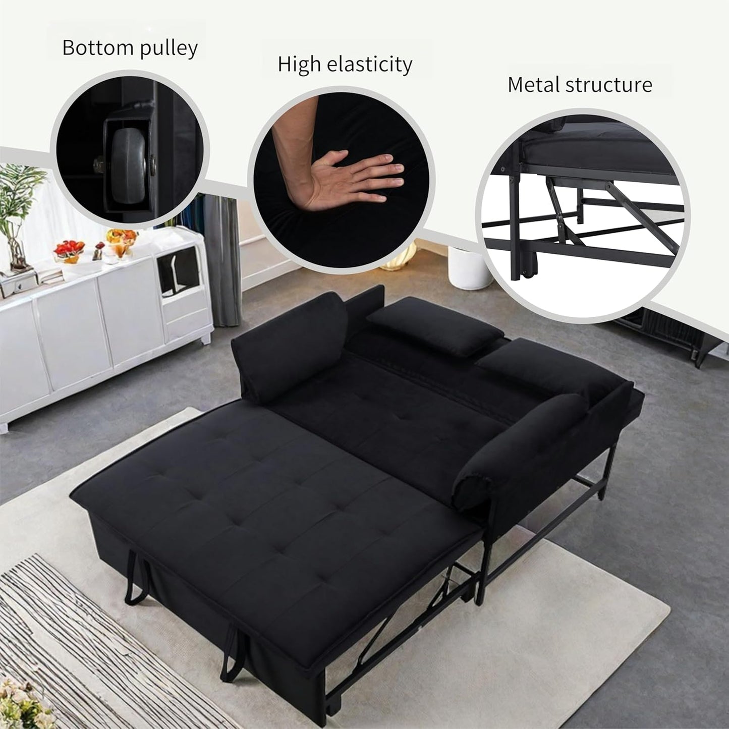 Pull Out Sofa Bed, 46” Futon Couch with Convertible Sleeper, Velvet Pull Out Couch with Adjustable Backrest, Small Sofa Bed with 2 Pillows for Living Room Office Guest Room, Black