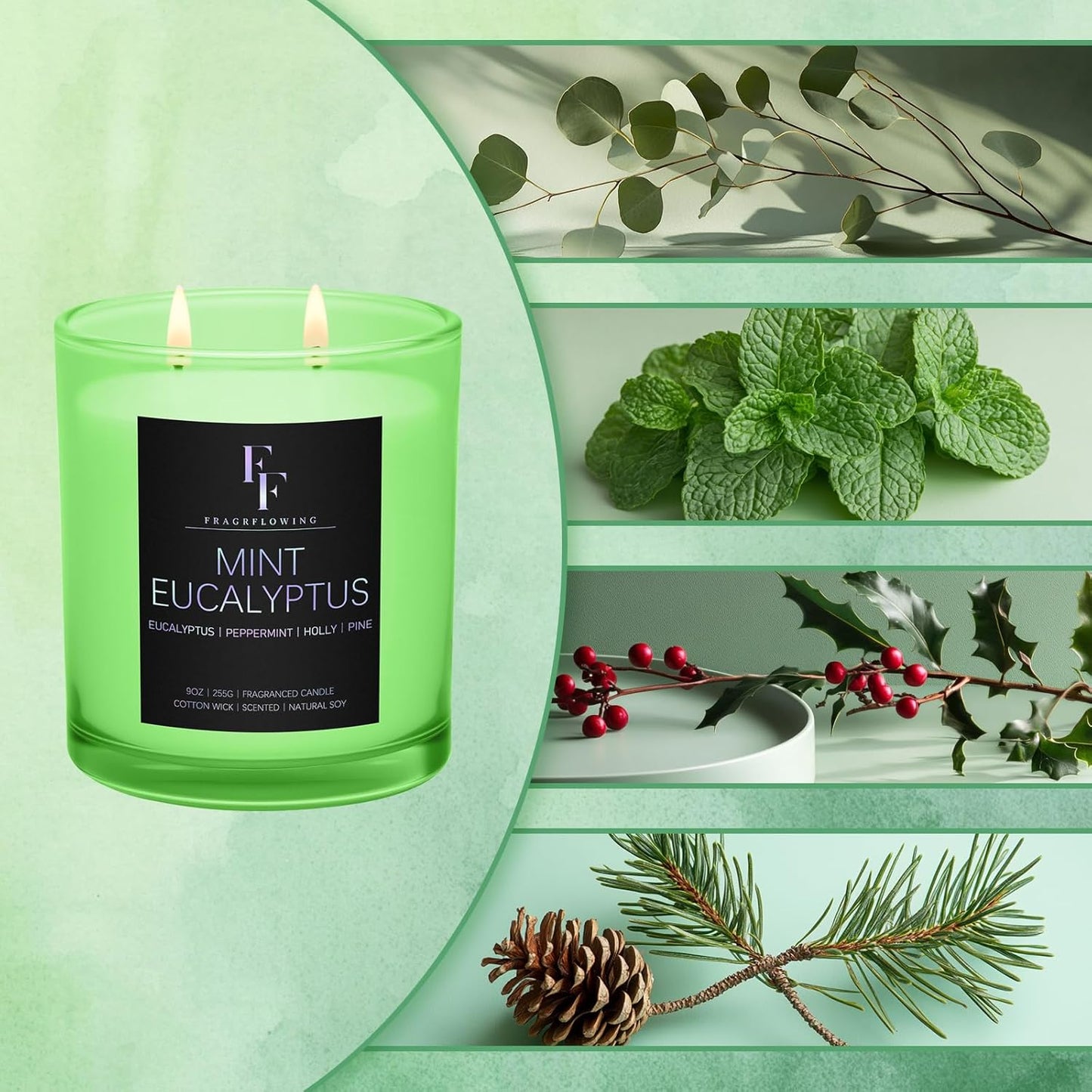 Mint Eucalyptus Scented Candle, 2-Wick Luxury Soy Wax Candle, 9 oz Aromatherapy Candle Home Fragrance Candles Gift