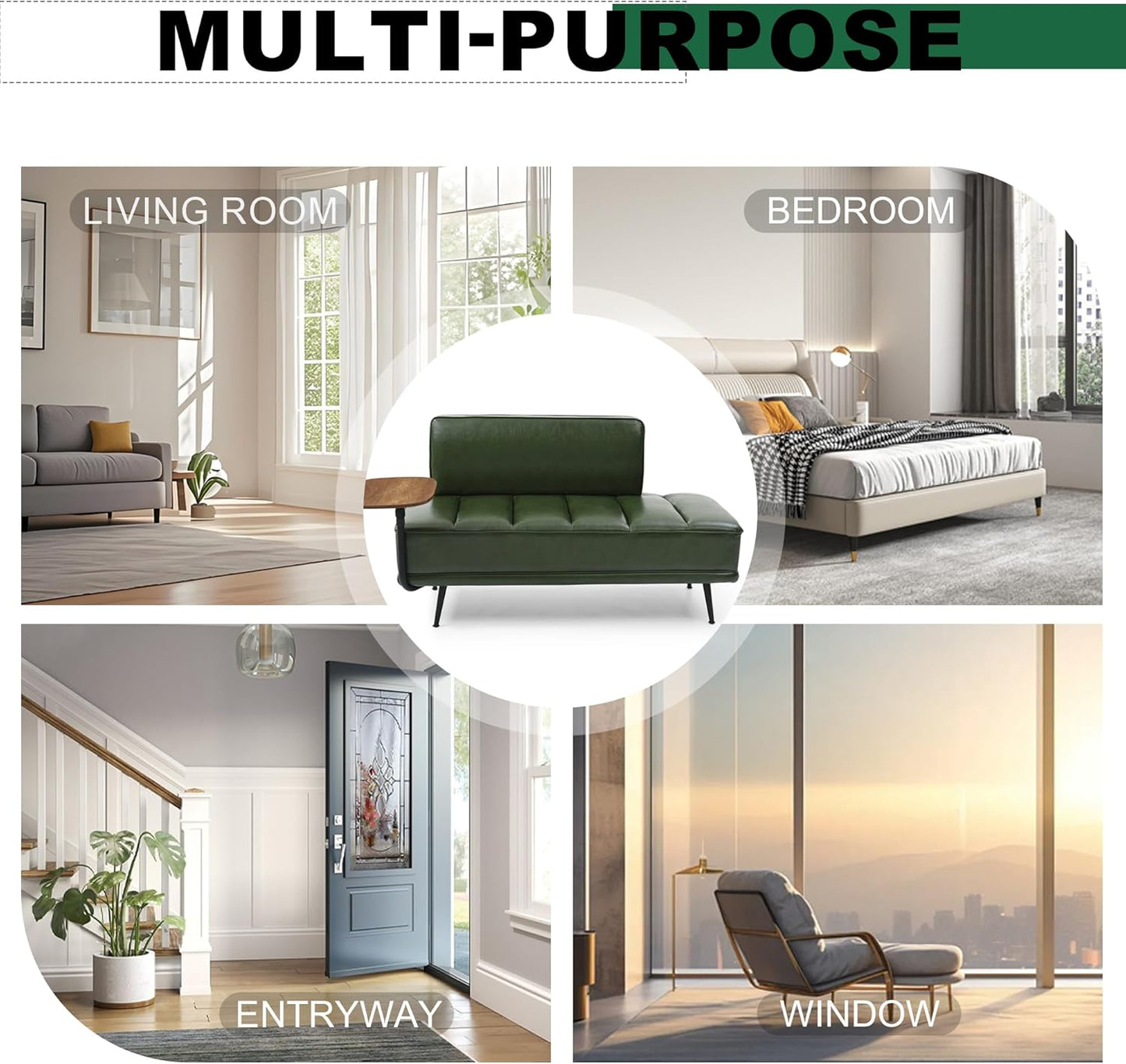 Sofa,Bed Bench,Small Spaces Furniture,Polyurethane Leather,Wood Frame,High Density Sponge Infillings,360-Degree Swivel Tray,Black Metal Leg (Green)