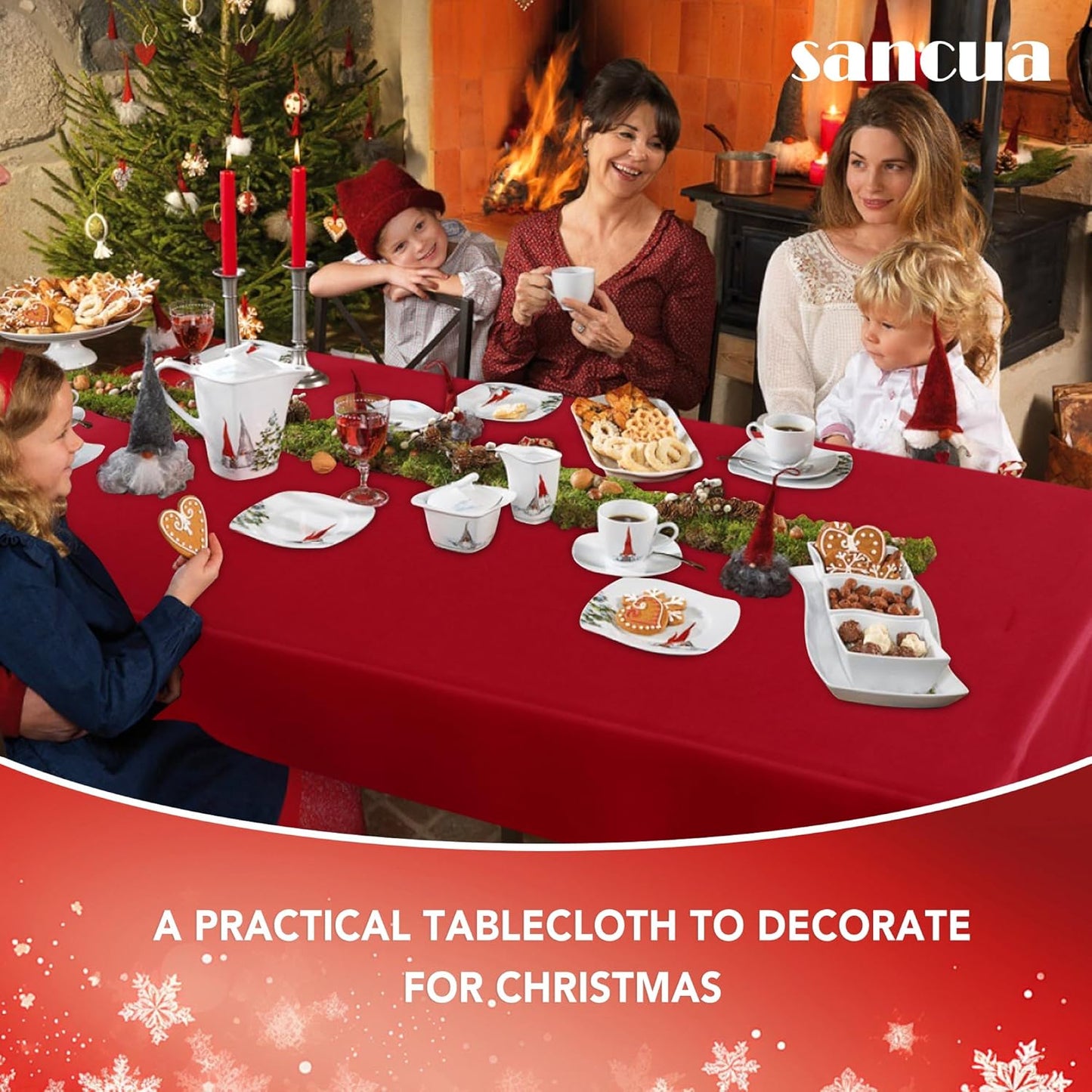 sancua Rectangle Tablecloth - 60 x 84 Inch - Stain and Wrinkle Resistant Washable Polyester Table Cloth, Decorative Fabric Table Cover for Dining Tables, Buffet Parties, Christmas Red