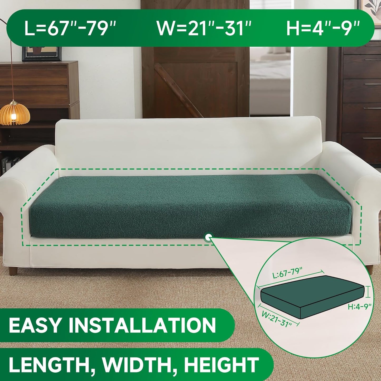 Couch Cushion Covers for Sectional Sofa, Stretch Soft Sofa Slipcovers Washable Wear-Resistant Universal Furniture Protector for Living Room(1 Piece Oversized Cover, Green)