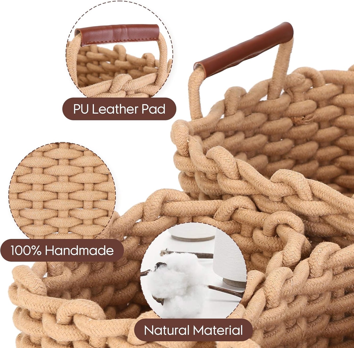 Sea Team 3-Pack Rectangle Woven Cotton Rope Storage Baskets with Handles, Shelf Basket, Closet Organizers, 3-in-1, Khaki