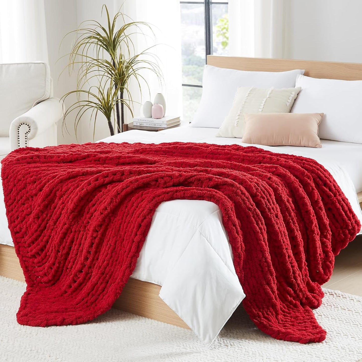 L'AGRATY Chunky Knit Blanket Throw: 80''x90'' Chenille Chunky Knitted Throw Blanket for Bed Couch - Handmade Thick Big Cable Knit Blanket - Large Chunky Crochet Rope Blanket for Home Decor(Red)