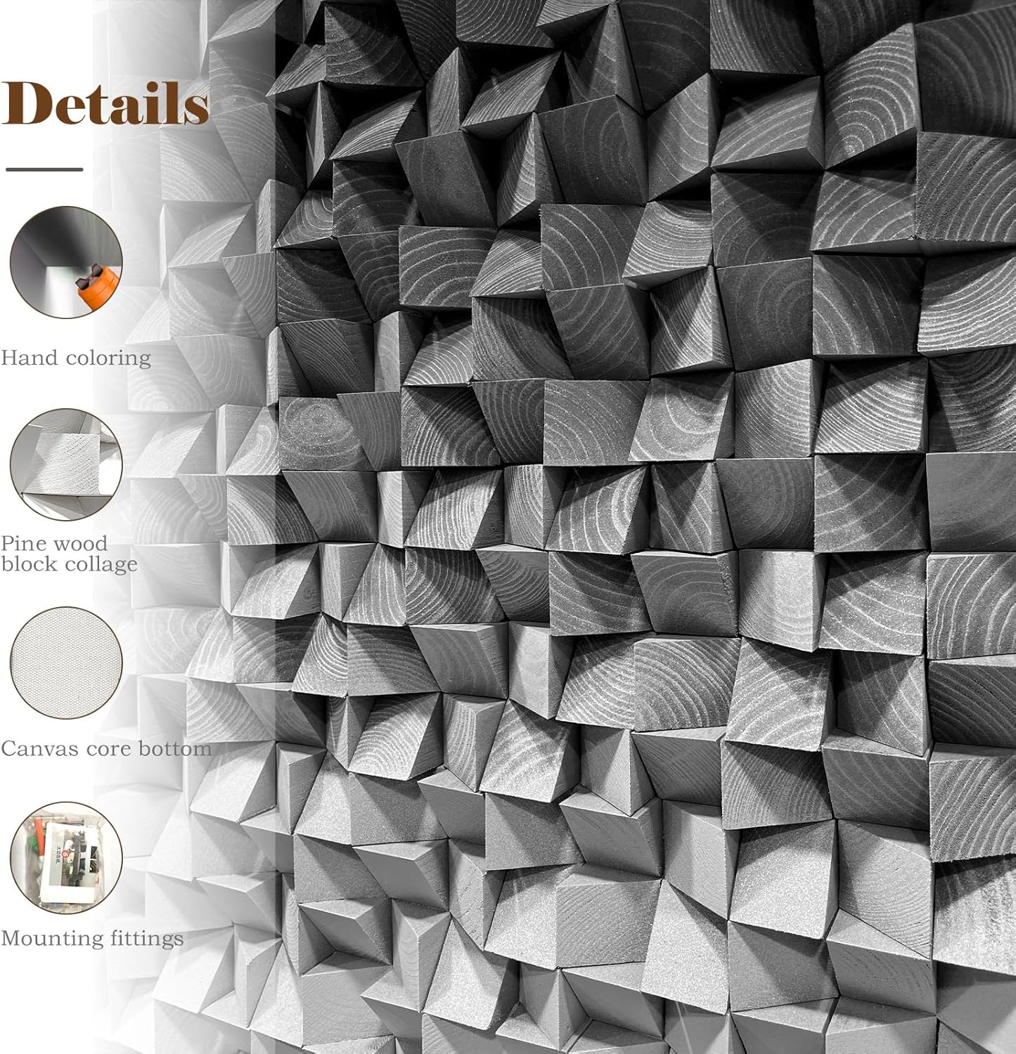 LIUZEYUE - Block Stereoscopic Painting Geometric Modeling Wall Decoration 3D Wooden Artwork Living Room Bedroom Background Wall Office Decoration Black and White Gradient 27.5 x 55.1 inches