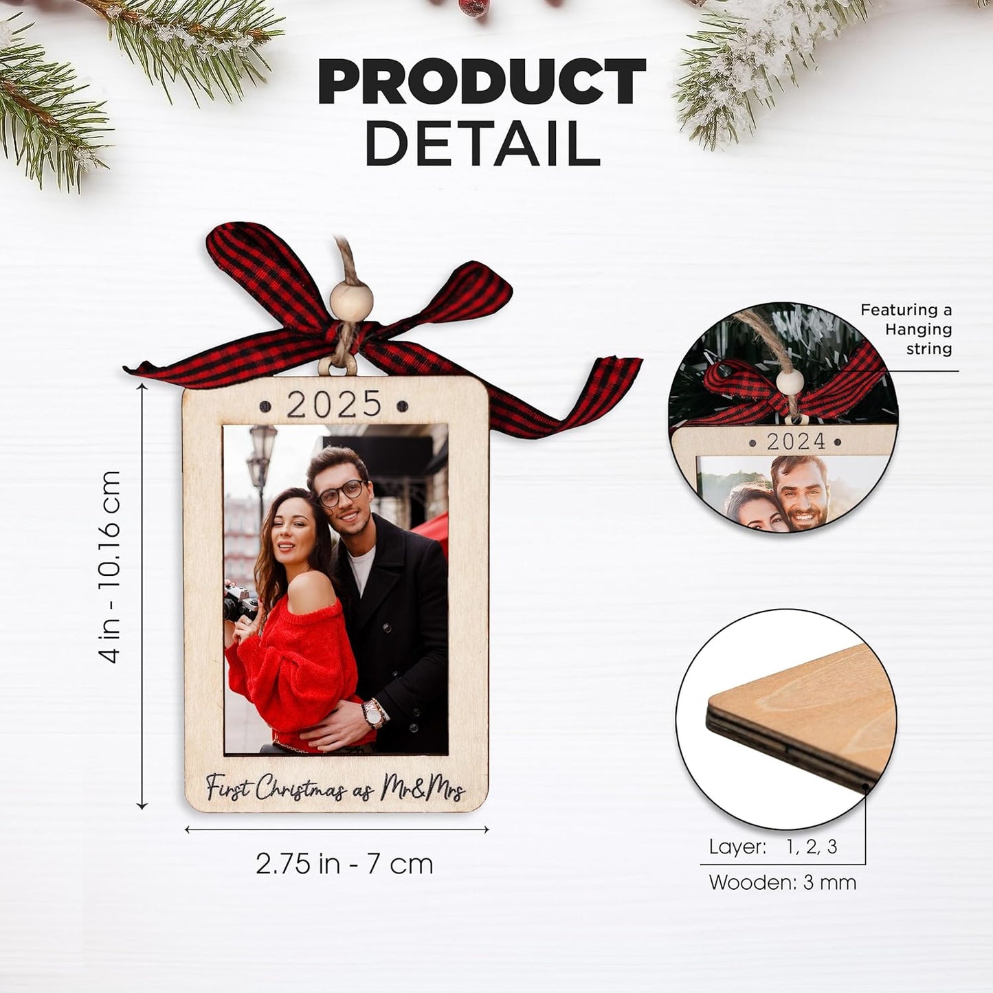Christmas Photo Frame Ornament, 2025 Ornament, Wooden Picture Frame Ornaments With Hanging String (2025 Mr & Mrs (Portrait))