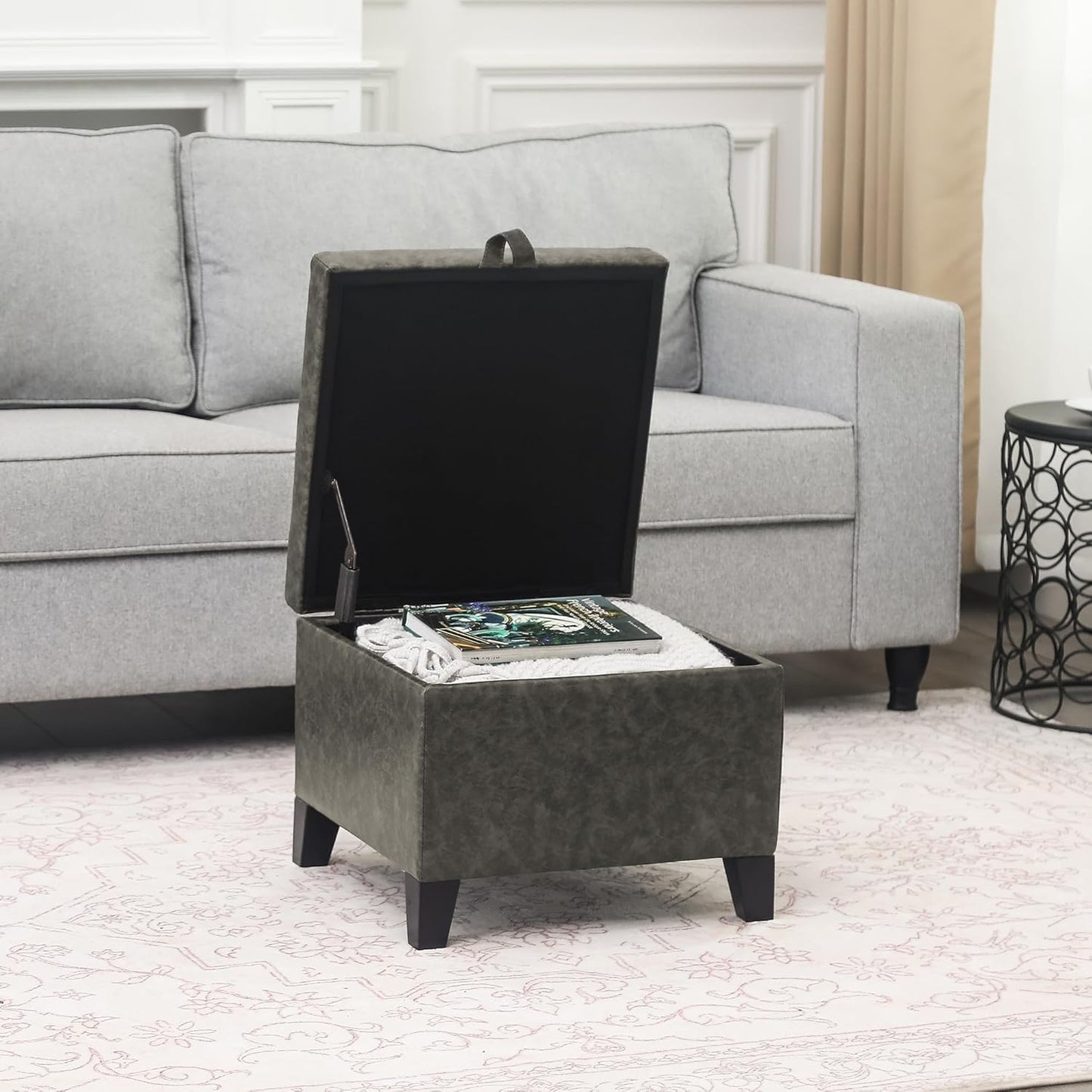 Adeco Faux Leather Storage Ottoman Bench with Wood Legs, 17.7" Square Mixed Grey PU Cube Foot Stool, Upholstered Button Tufted Vanity Chair with Hinged Lid for Living Room, Bedroom, Dorm