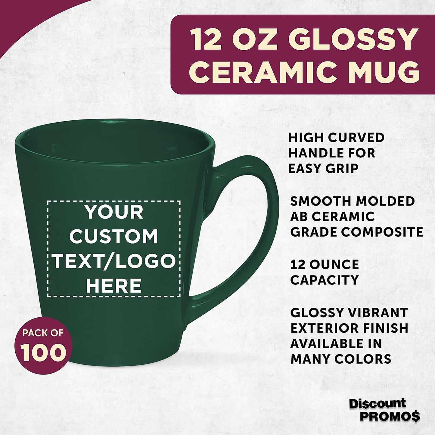 DISCOUNT PROMOS Custom Glossy Ceramic Latte Coffee Mug 12 oz. Set of 100, Personalized Bulk Pack - Perfect for Tea, Espresso, Cappuccino, Hot Cocoa - Green