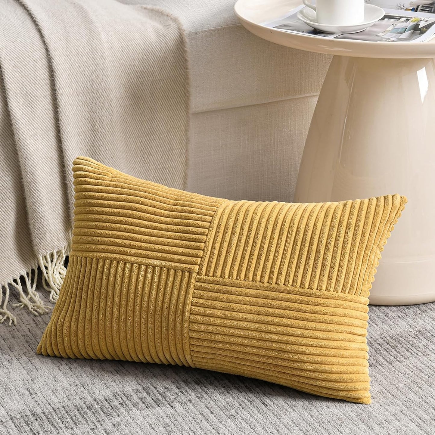 Fancy Homi 2 Packs Mustard Yellow Lumbar Decorative Throw Pillow Covers 14x24 Inch for Couch Bed, Rustic Farmhouse Boho Home Decor, Soft Striped Corduroy Rectangle Accent Cushion Case