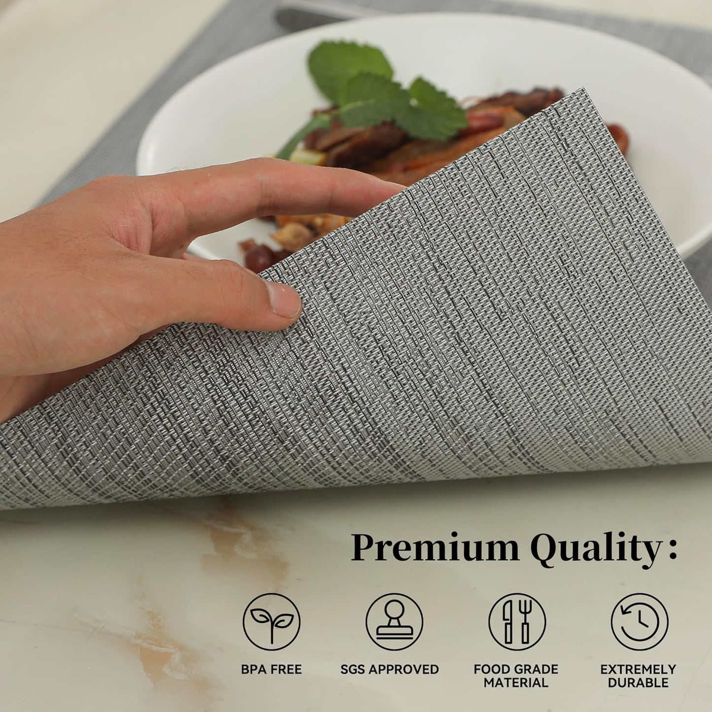 Leetaltree Grey Placemats, Heat Resistant Non-Slip Place mats for Dining Table, Washable Durable PVC Vinyl Woven Table Mats (Set of 8)
