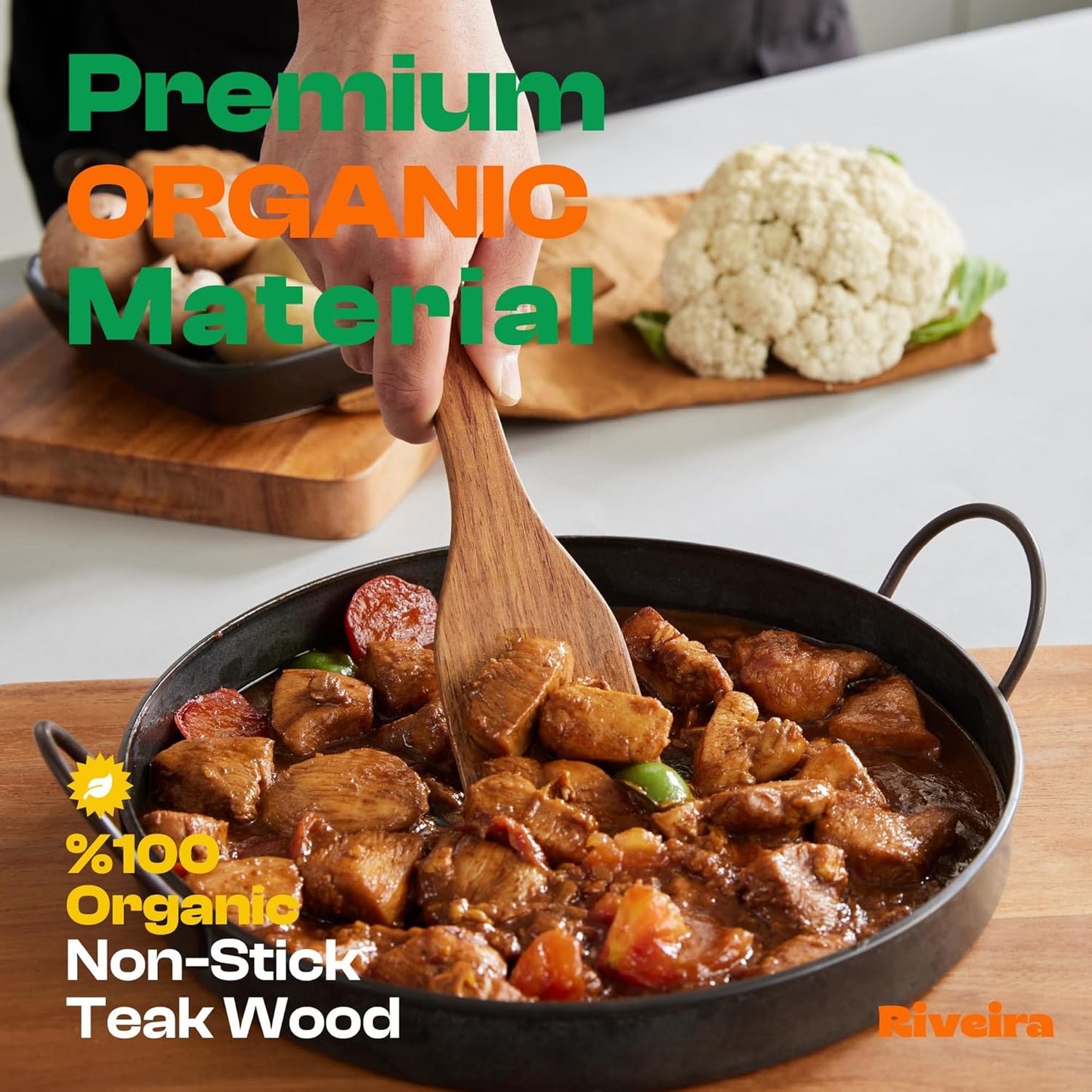 Riveira Teak Wooden Spoons for Cooking Set of 3 – Natural Teak Wooden Cooking Utensils, Wooden Spatula, Wooden Spoon - Premium Quality Wooden Utensil Set for Non-Toxic Cooking