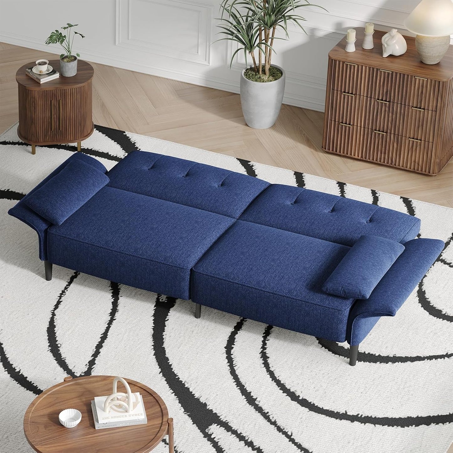 89” Futon Sofa Bed, Linen Comfy Futon Couch Bed with 2 Square Pillows, Convertible Sleeper Sofa with Adjustable Backrest& Armrests, Modern Loveseat Sleeper for Living Room, Bedroom, Blue