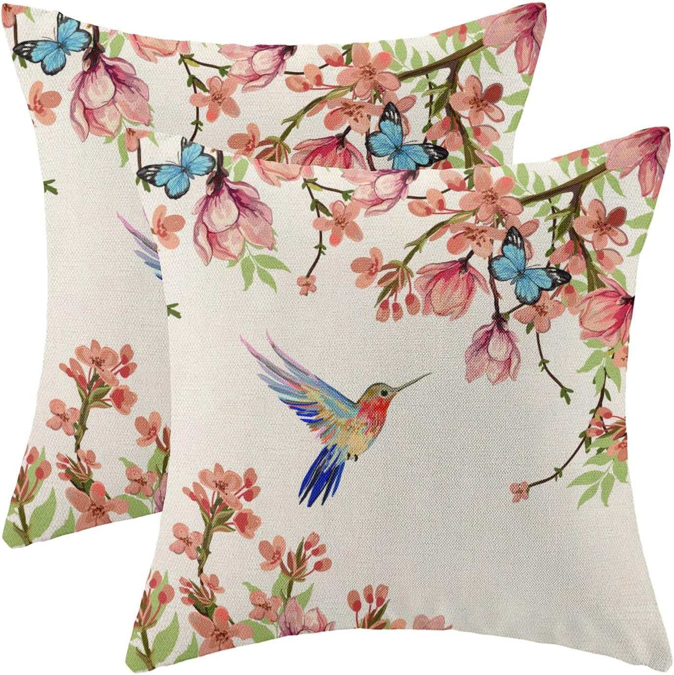 Hummingbird Flower Pillow Covers 20 x 20 Inch Set of 2 for Watercolor Floral and Birds Spring Blooming Decor Throw Pillows Nature Plant Outdoor Decorative Cushion Cases for Couch Bed Decoration