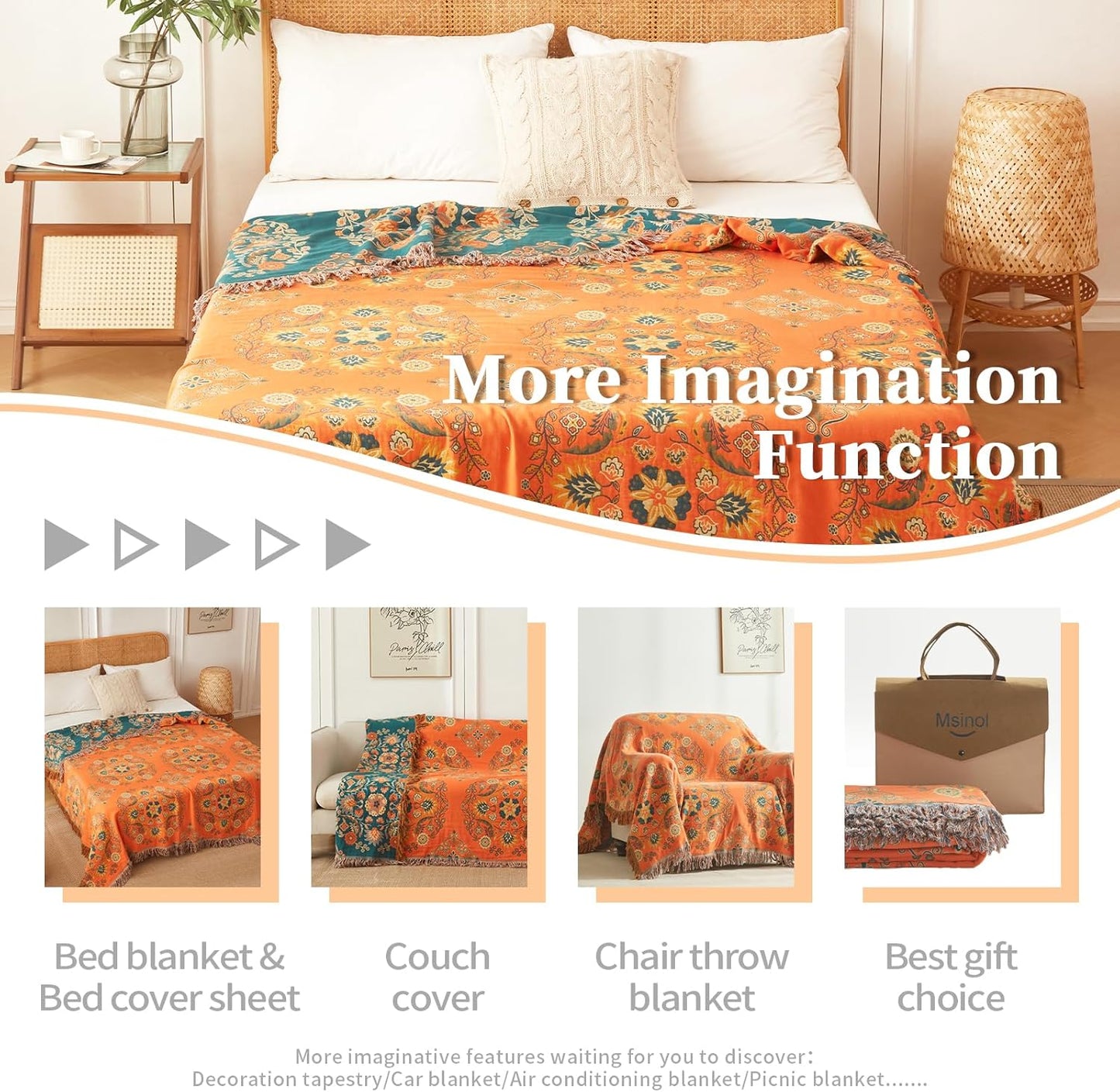 Colorful Throw Blanket 80"x90" Pure Cotton Luxury Throw Rustic Quilt Floral Pattern Home Decor Orange Blanket Lightweight Picnic Blanket(80"x90",04-Garland)