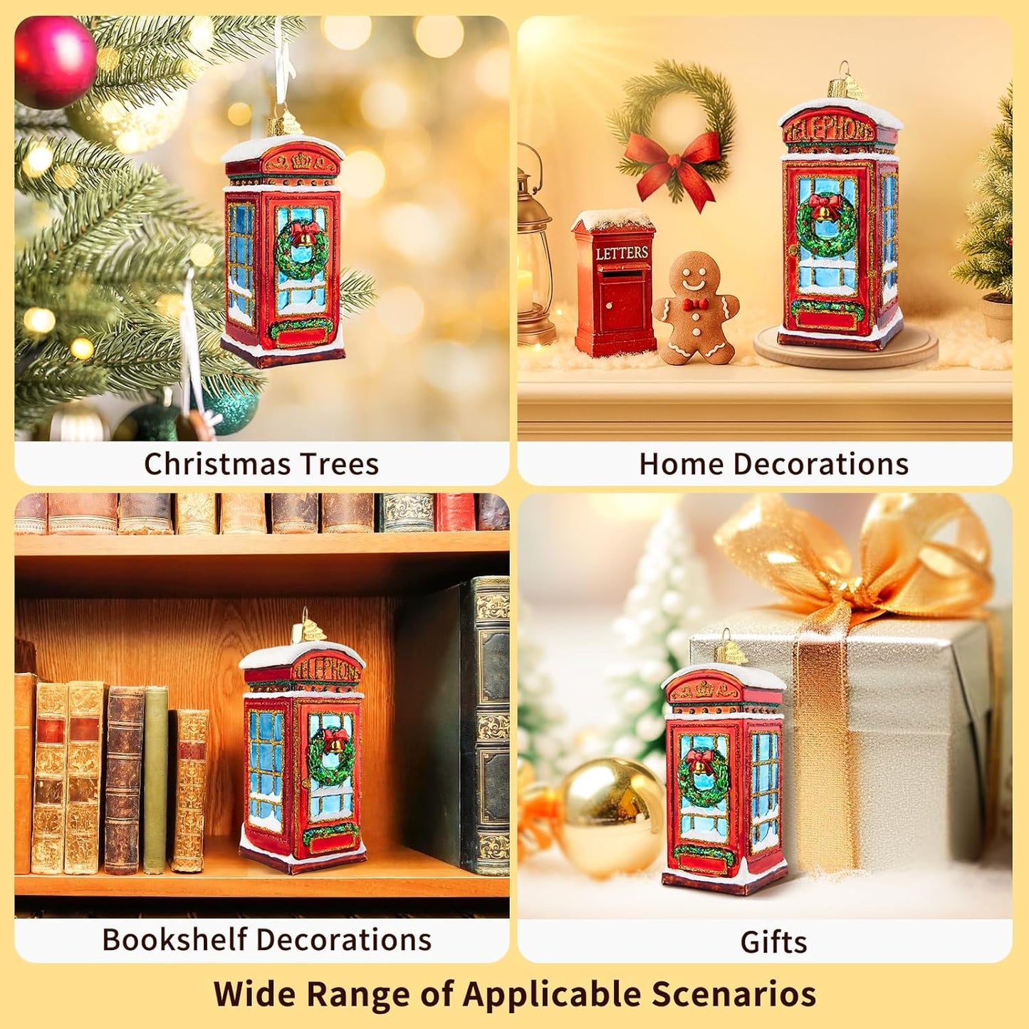 Telephone Booth Christmas Tree Ornaments,Hand-Blown Glass Ornaments,London Phone Booth Watcher Collection Figurines Hanging Ornament,Christmas Decorations for Holiday Party Home Gift