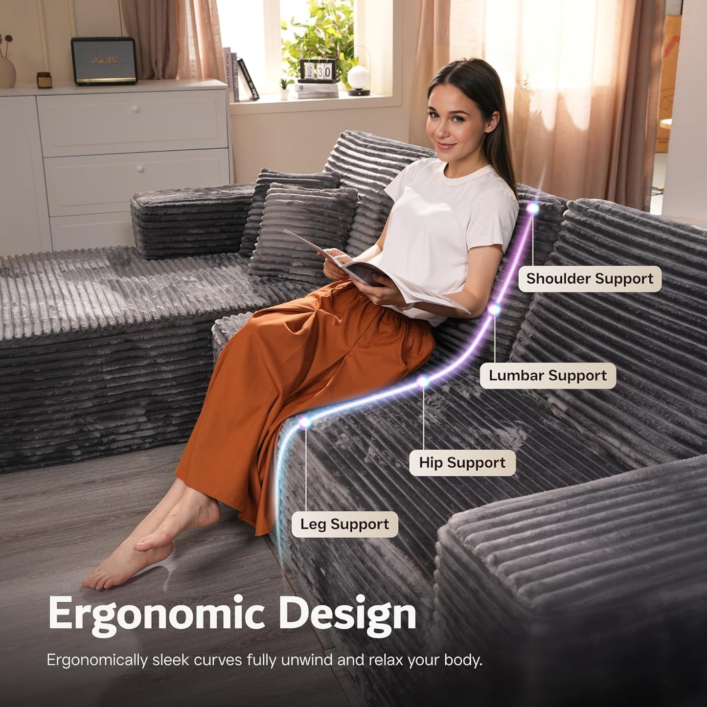 ovios Sectional Cloud Couch for Living Room, Modular Floor Sofa with Plush Corduroy, No Assembly Required, Big Comfy Couches Set with Fluffy Memory Foam, Stupendous U Shaped Sofas with Chaise, Black