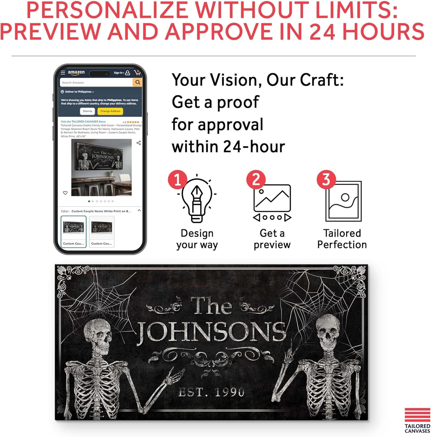 Tailored Canvases Gothic Family Wall Decor - Personalized Grunge Vintage Skeleton Room Decor for Home, Halloween Lovers, Men & Women for Bedroom, Living Room - Custom Couple Name, White Print, 20"x10"