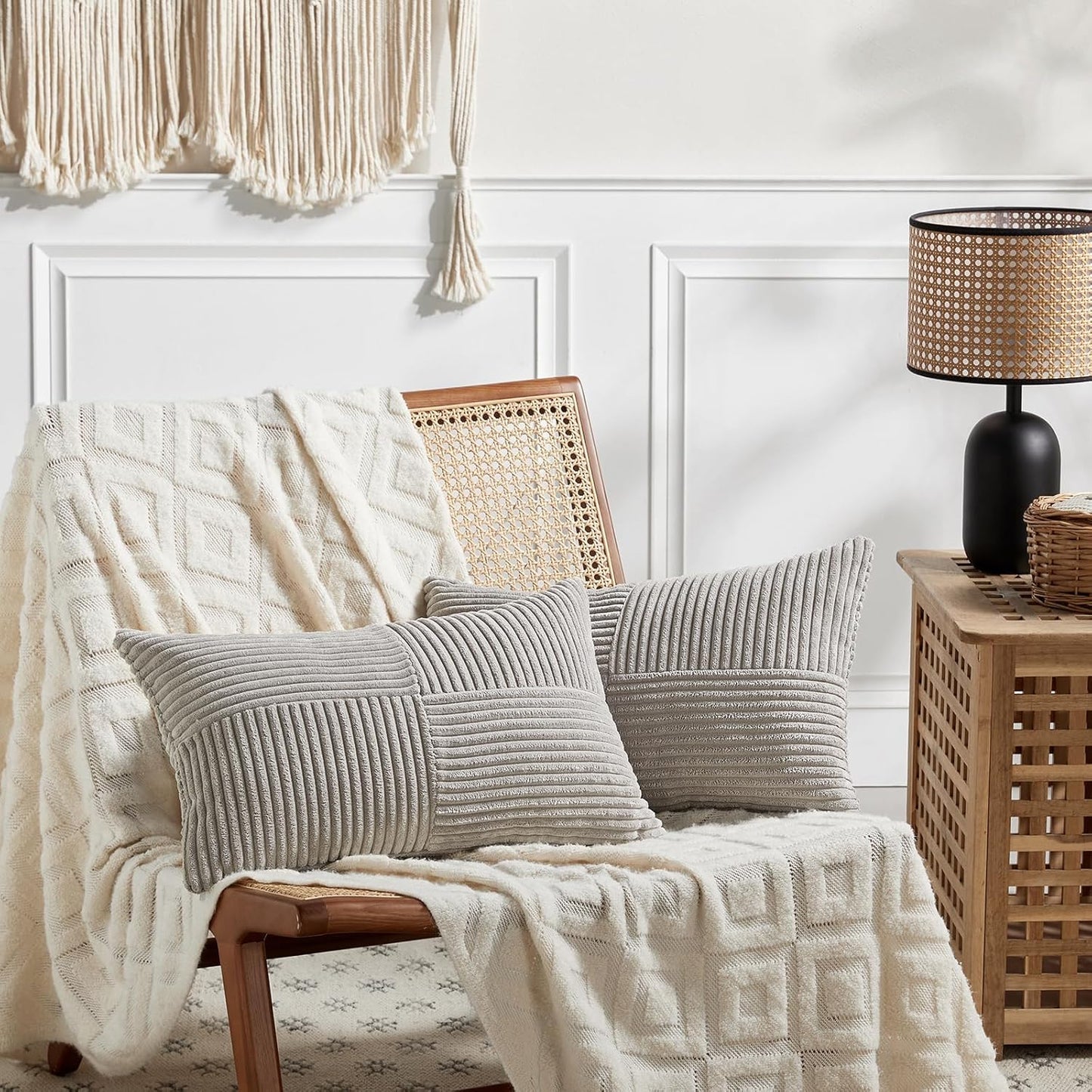 Fancy Homi 2 Packs Neutral Grey Lumbar Decorative Throw Pillow Covers 12x24 Inch for Living Room Couch Bed Sofa, Farmhouse Home Decor, Soft Striped Corduroy Rectangle Accent Cushion Case 30x60 cm