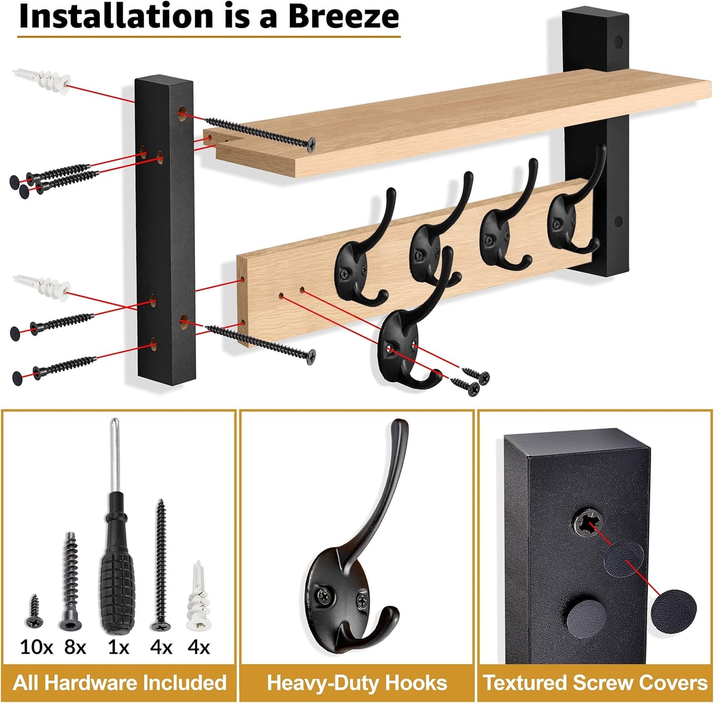 Sorbus Coat Hooks Wall Mount with Shelf – 16 Inch Coat Rack Wall Mount with 5 Heavy Duty Hooks – Floating Wall Shelf with Hooks for Entryway, Bathroom, Bedroom, Kitchen, or Mudroom (Maple Wood)