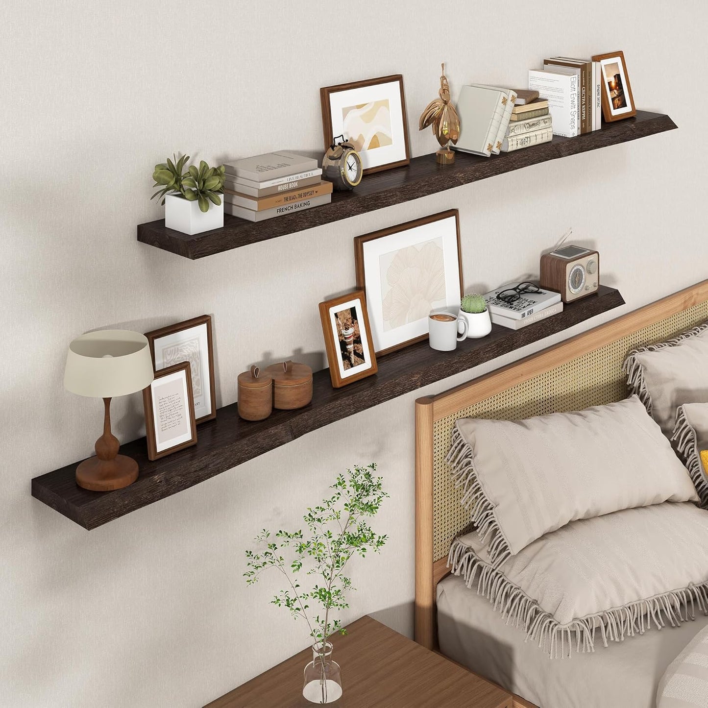 Axeman 72 inch Extra Long Floating Shelves for Wall - 8'' D Live Edge Rustic Solid Elm Wood Floating Shelves Wall Mounted, Wall Shelves with Invisible Bracket for Living Room Bedroom Kitchen, Walnut