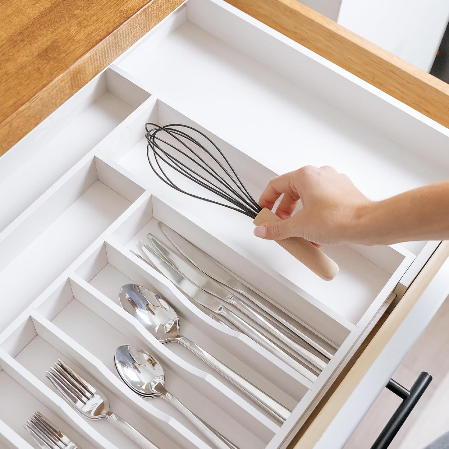 Premium Silverware, Flatware and Utensil Organizer for Kitchen Drawers, Food-Safe Contract Grade, Expandable from 16 to 28 In, White Bamboo