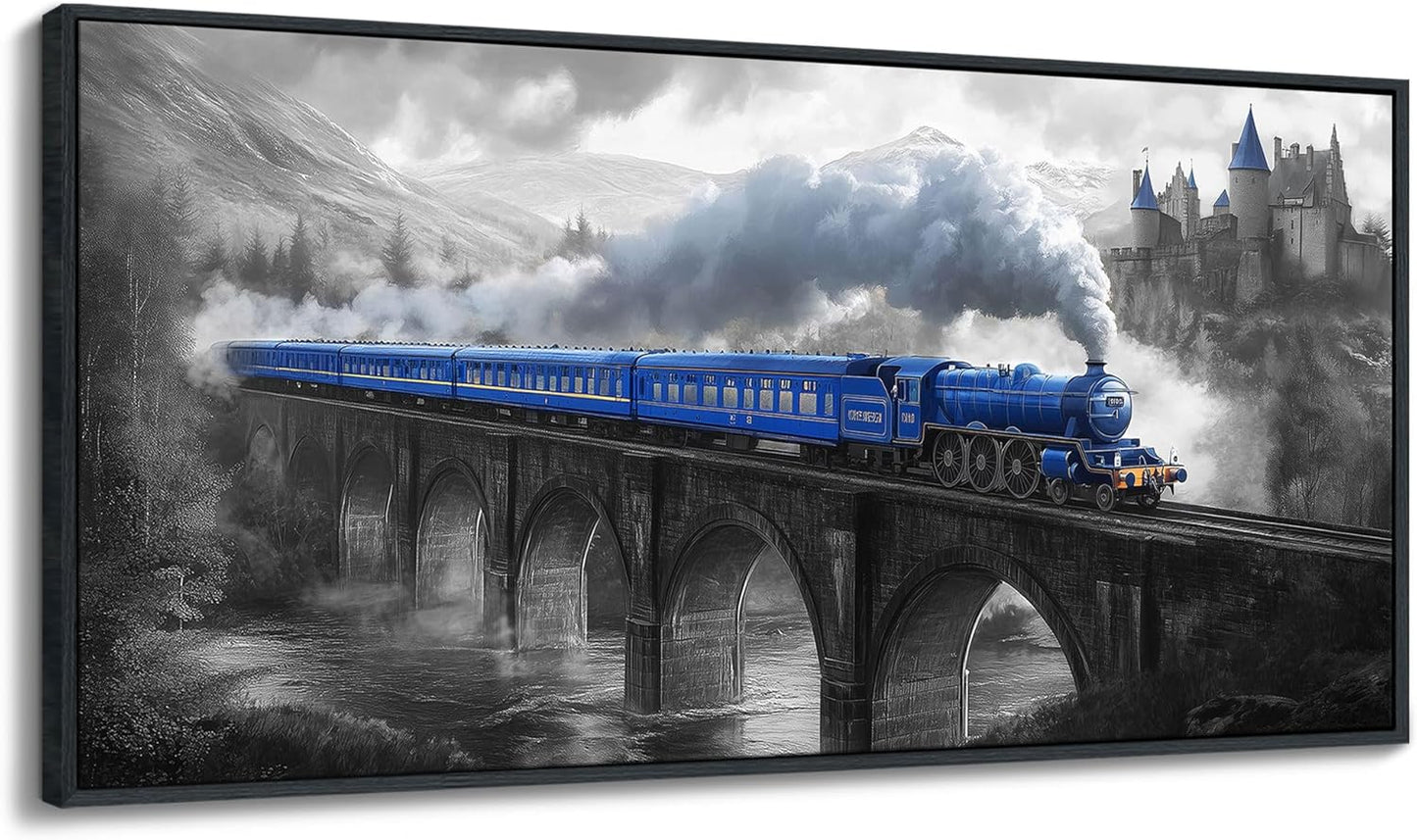 JEAWA Large Framed Canvas Wall Art - 24x48 IN Blue White Gray Landscape Wall Decor, Picture with Castle Bridge Train, Art Prints for Living Room Bedroom Bathroom Home Decoration
