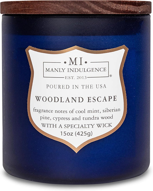Manly Indulgence Woodland Escape Scented Candles for Men, 15 oz Wooden Wick, Premium Soy Blend Wax, 60H Burn, Candles for Home Scented - Made in The USA