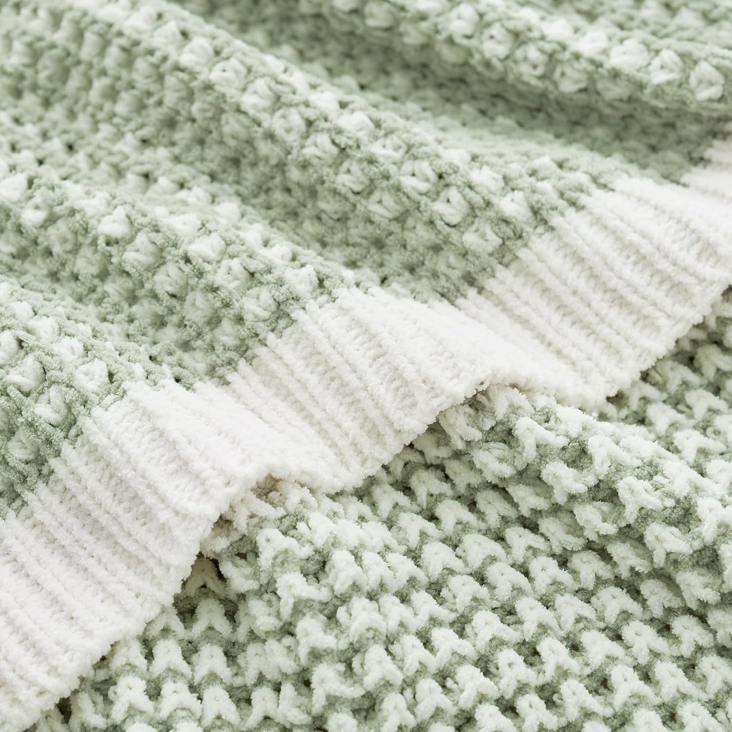 Amélie Home Chenille Waffle Throw Blanket for Couch, Reversible Pineapple Stitch Knit Soft Cozy Knit Blanket Lightweight Warm Decorative Throw for Sofa, Bed, Living Room, 50"x60", Sage Green&Ivory