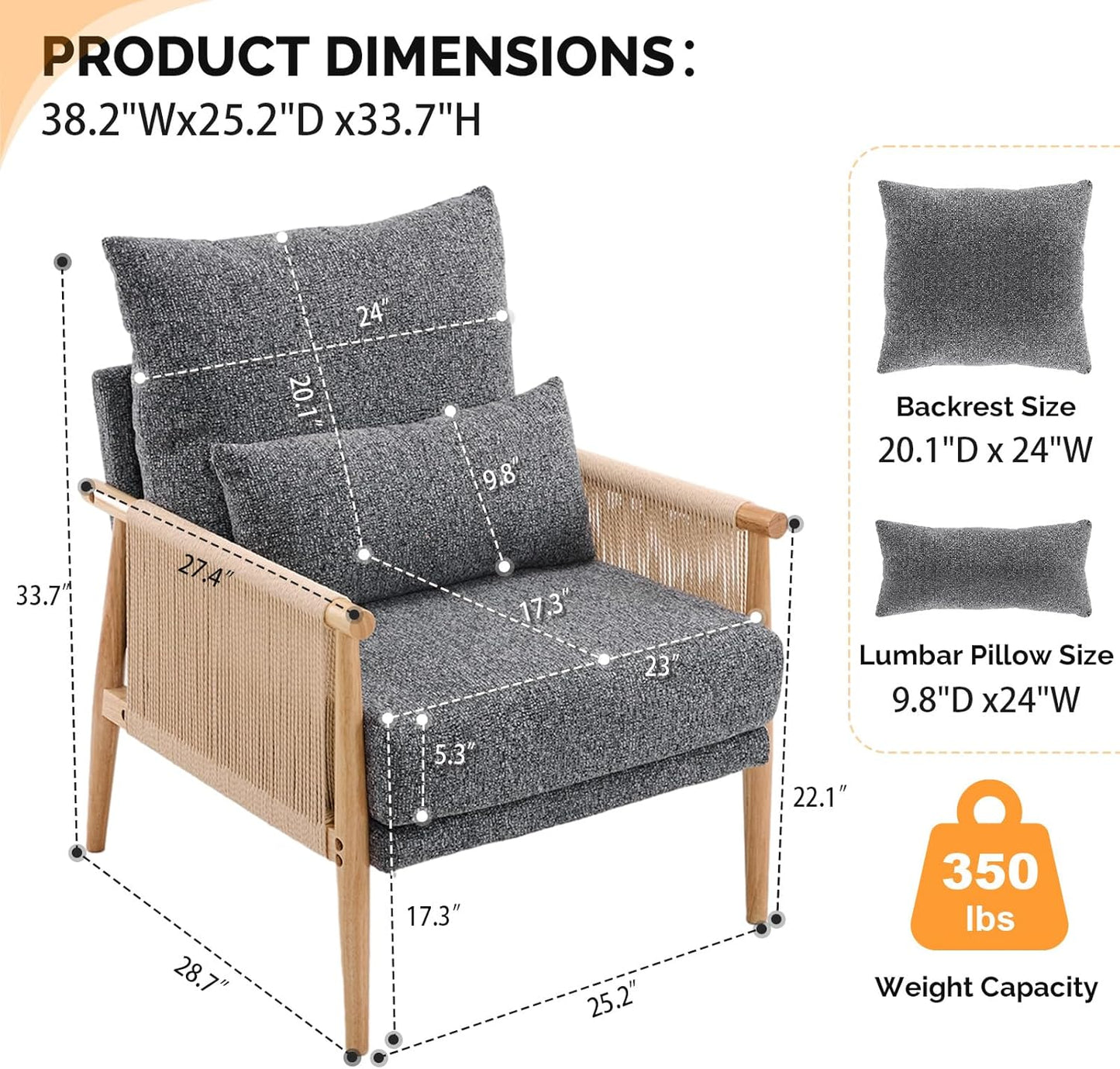 VINGLI Boho Braid Accent Armchair,Mid-Century Modern Chiar with Solid Wooden Armrest,Comfy Louge Cushion Chair with Waist Pillow for Bedroom,Living Room,Reading Room, Gray