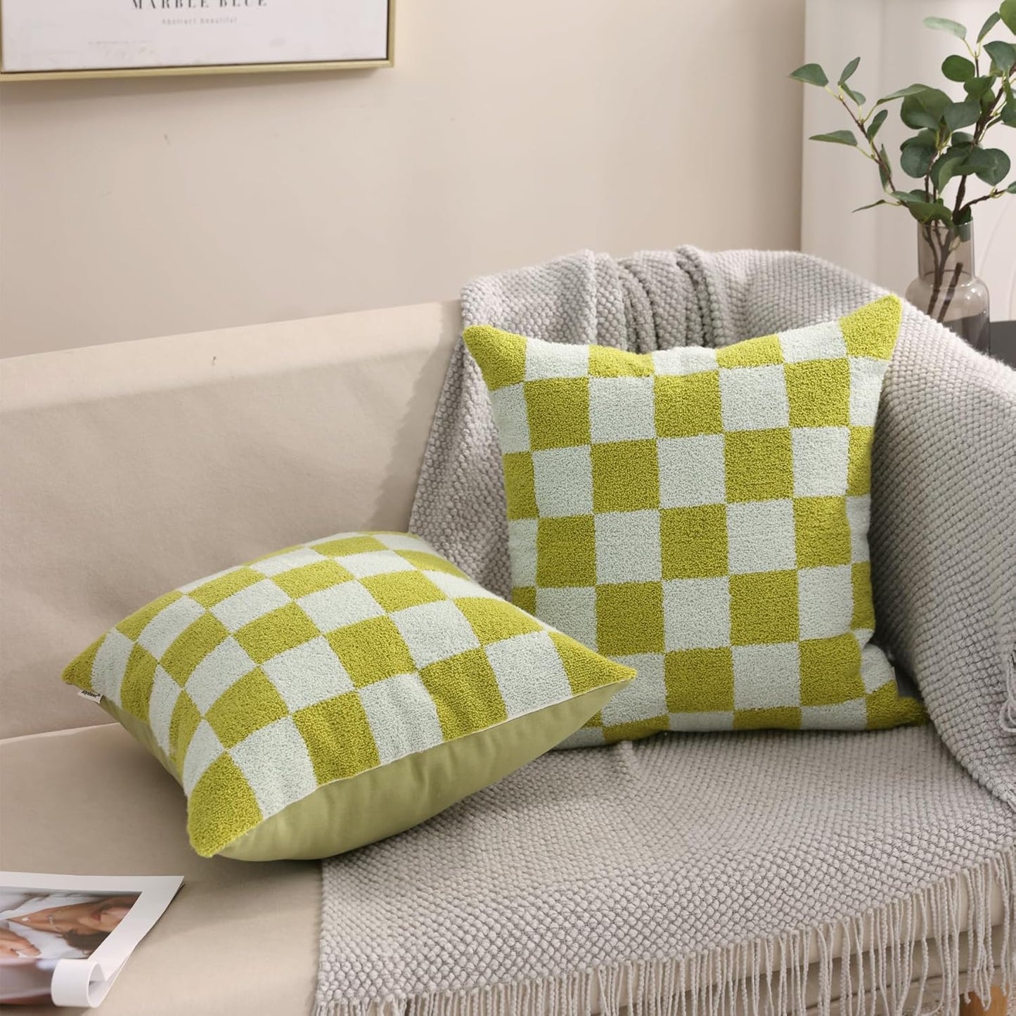 Alysheer Checkered Embroidered Decorative Throw Pillow Covers 18"x 18" Set of 2, Farmhouse Cottage Blue Green Designer Plaid Patterned Cotton Accent Cushion Case for Sofa Couch Bed Living Room
