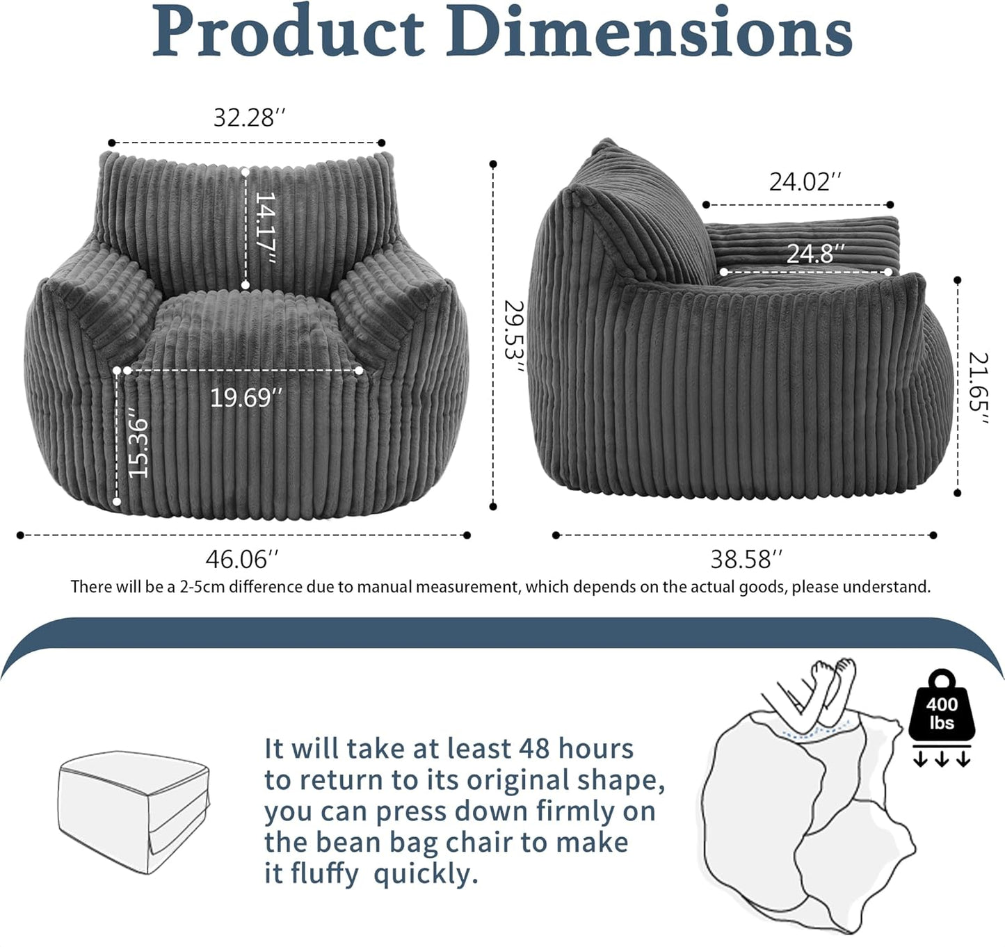 Giant Plush Bean Bag Chair for Adults with Armrests - Oversized Comfy Grey Beanbag Lounge Lazy Floor Sofa Accent Chair for Living Room, Bedroom & Dorm, Cozy Fluffy Single Cloud Mini Couch