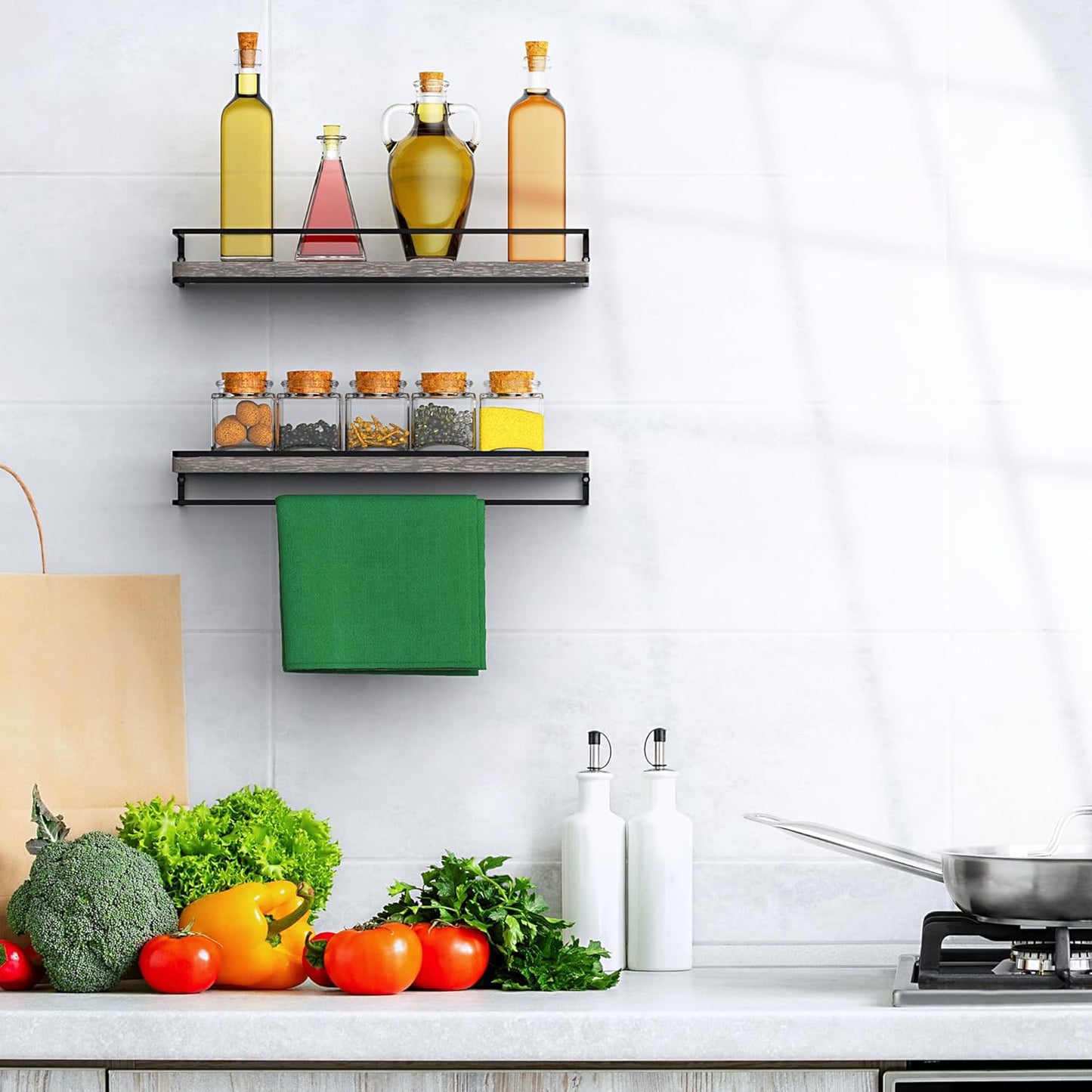 Meangood Floating Shelves Wall Mounted Set of 2, Wall Shelf with Towel Bar Rustic Wood Wall Storage Shelves for Bedroom,Living Room,Bathroom, Kitchen Pine