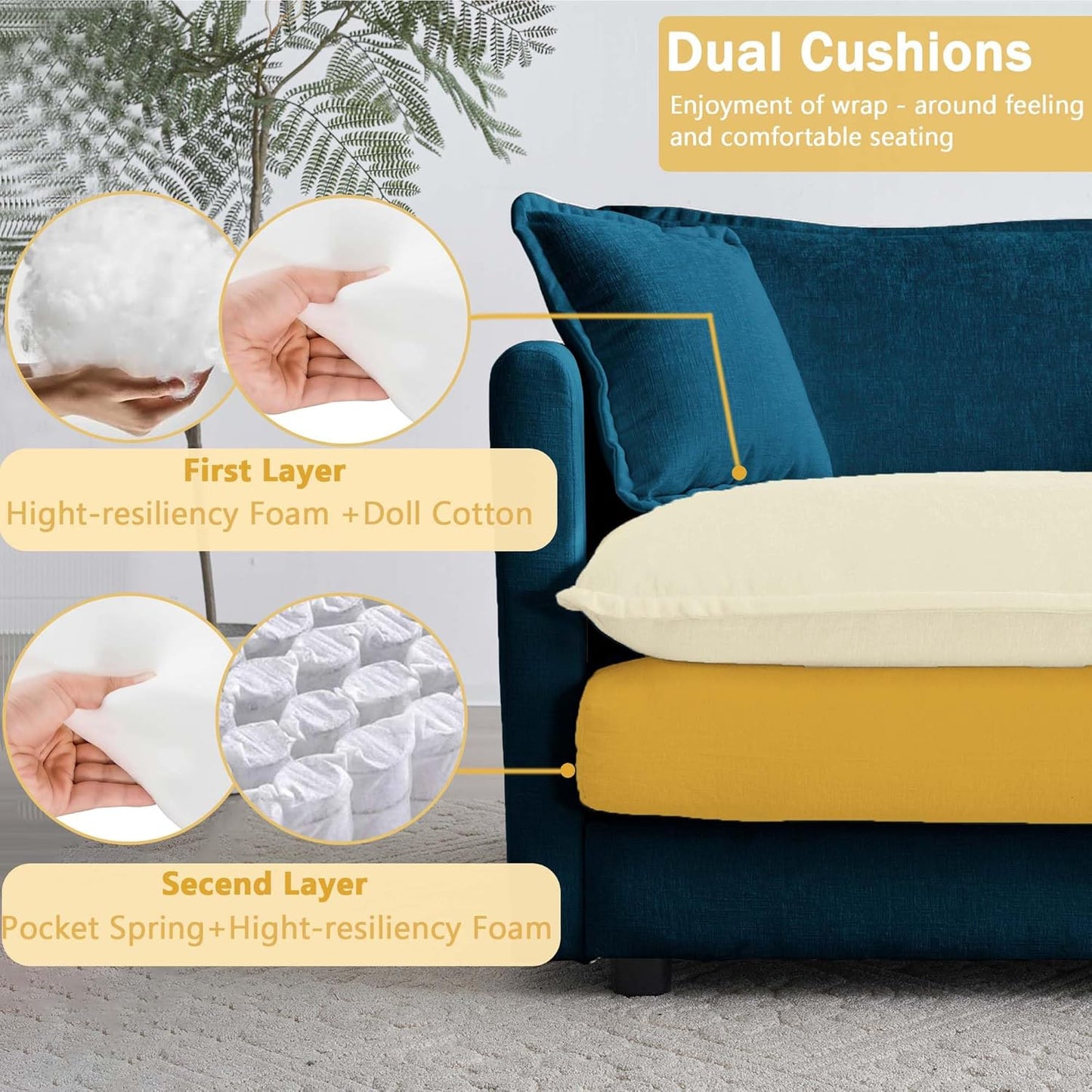 Sectional Sofa 2 Seater with Movable 1 Ottoman,Oversized Modular Couch Deep Seat (Blue, 76.7 inch-L)