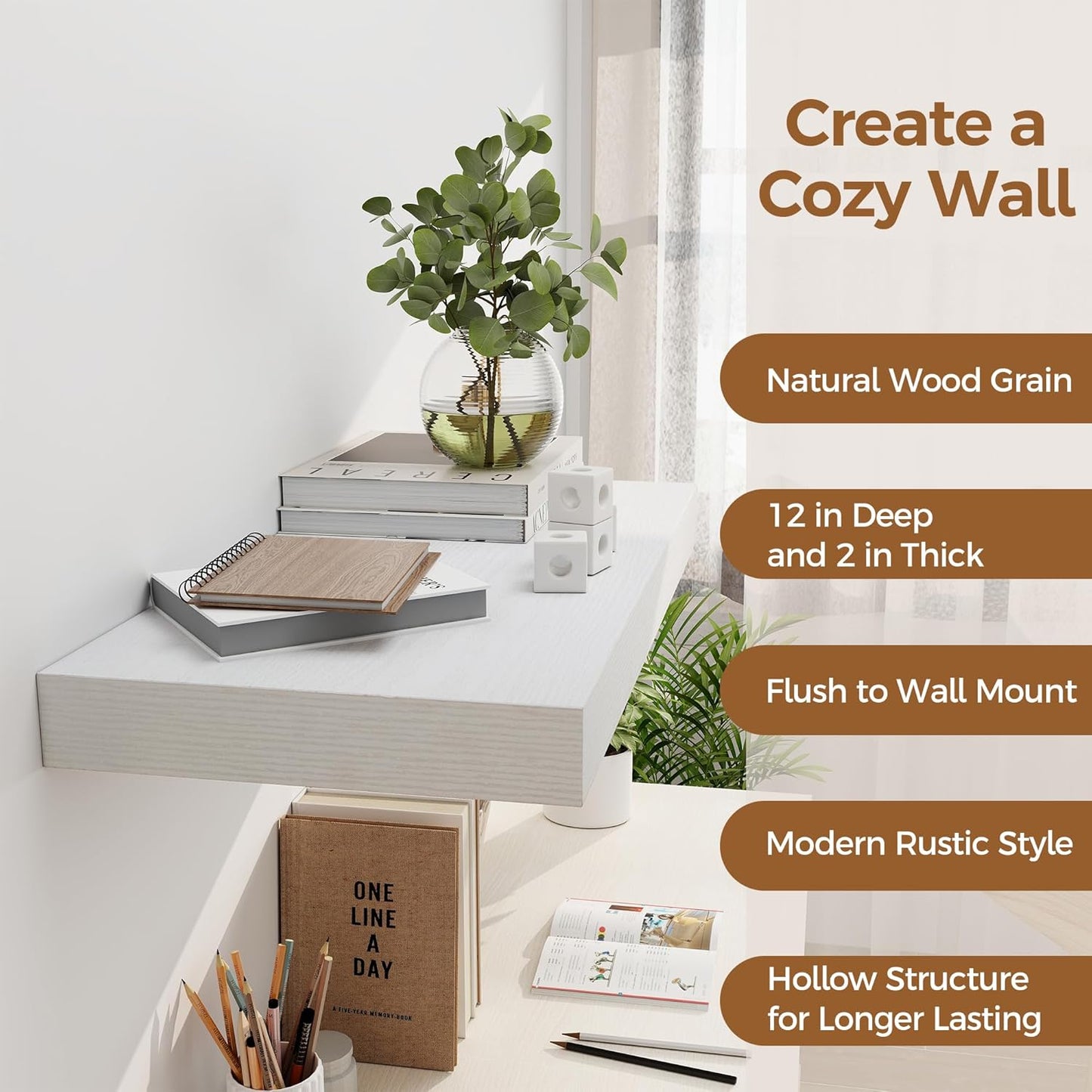 12 Inch Deep White Floating Shelves, 24 x 12 Floating Shelf for Books, Rustic Wood Deep Wall Shelves for Home Storage & Display, 2" Thicked Shelves for Kitchen, Living Room, Bedroom, 2 Pack